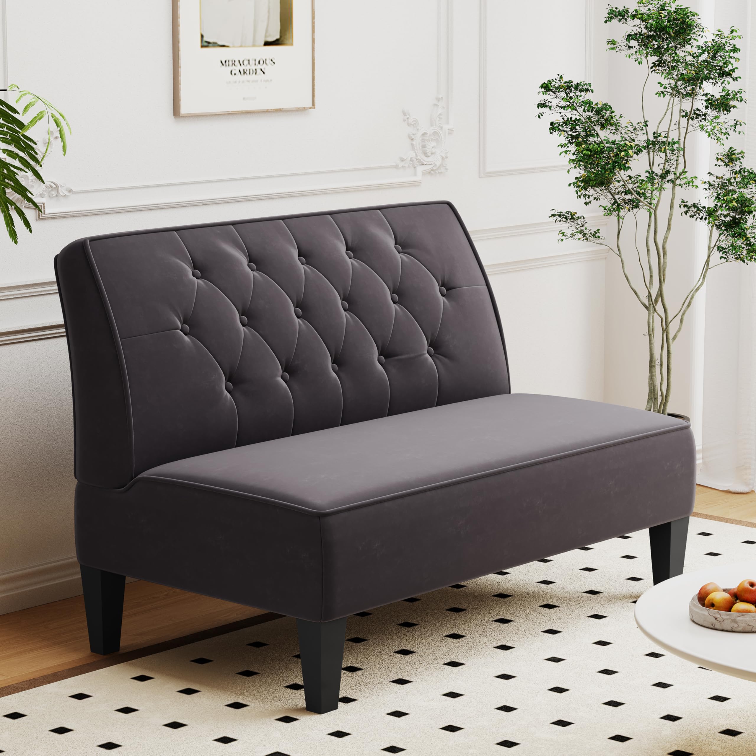 Alunaune Upholstered Loveseat Couch - Tufted Button Armless Settee Sofa for Living Room, Bedroom & Dining Room - Dark Grey Small Love Seat Bench | Perfect for Small Spaces, Apartments & Cozy Home Decor