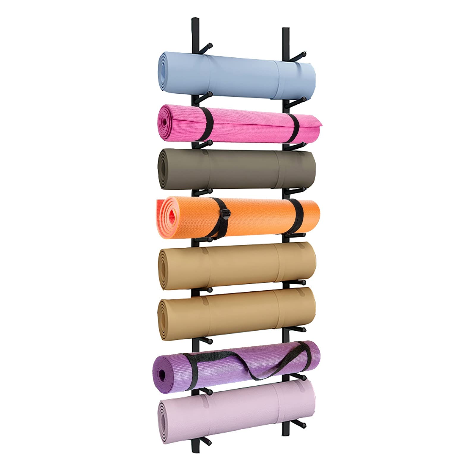 9-Tier Large Capacity Wall Mount Yoga Mat Holder with Hooks - Foam Roller Storage Rack for Yoga Studio (Black) - Perfect for Home Gym, Fitness Room & Yoga Practice Organization