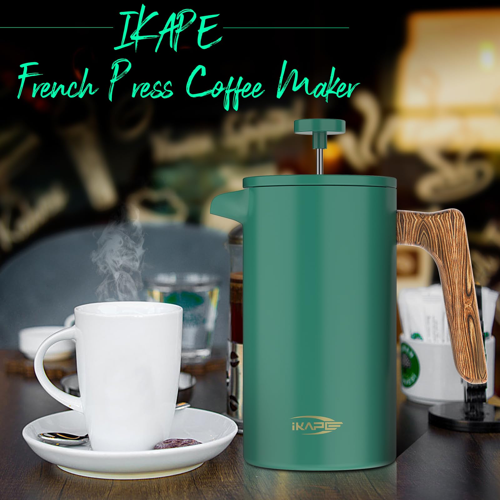 IKAPE 34 OZ French Press Coffee Maker - 304 Stainless Steel Espresso & Tea Brewer with 4-Level Filtration System (Green) | Perfect for Home, Office & Camping Coffee Lovers
