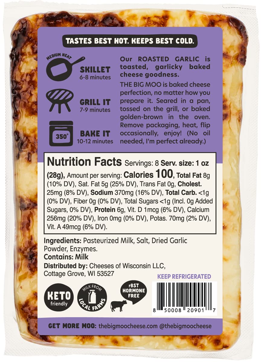 THE BIG MOO Baked Cheese Roasted Garlic - Bundle of 3 (8 oz Blocks) | Keto, Low Carb, Gluten-Free, Sugar-Free Healthy Snacks | High Protein, Atkins & Diabetic Friendly | Gourmet Cheese Fat Bombs for Carnivore Diet | Perfect for On-the-Go, Office Snacking & Keto Meal Prep