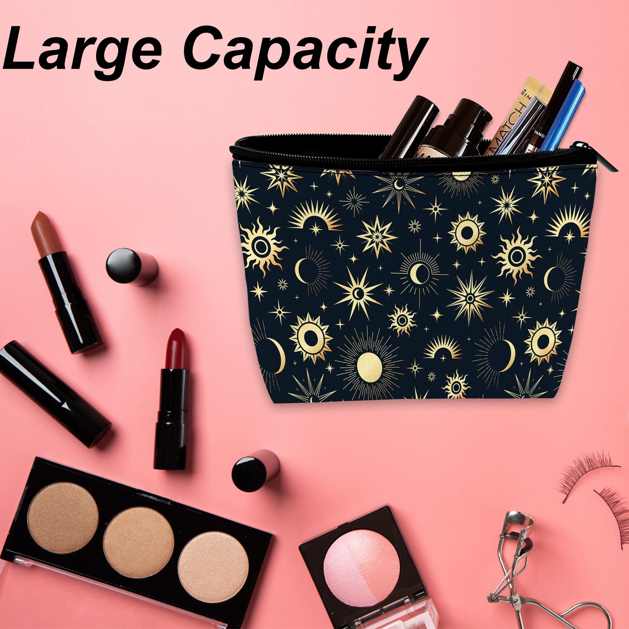 Stylish Gold Boho Cosmetic Bag for Women - Moon & Stars Design Makeup Pouch (9.5×5.9 Inch) | Travel Toiletry Organizer, Funny Zipper Purse Gift Idea | Perfect for Daily Use, Vacation Trips & Birthday Presents