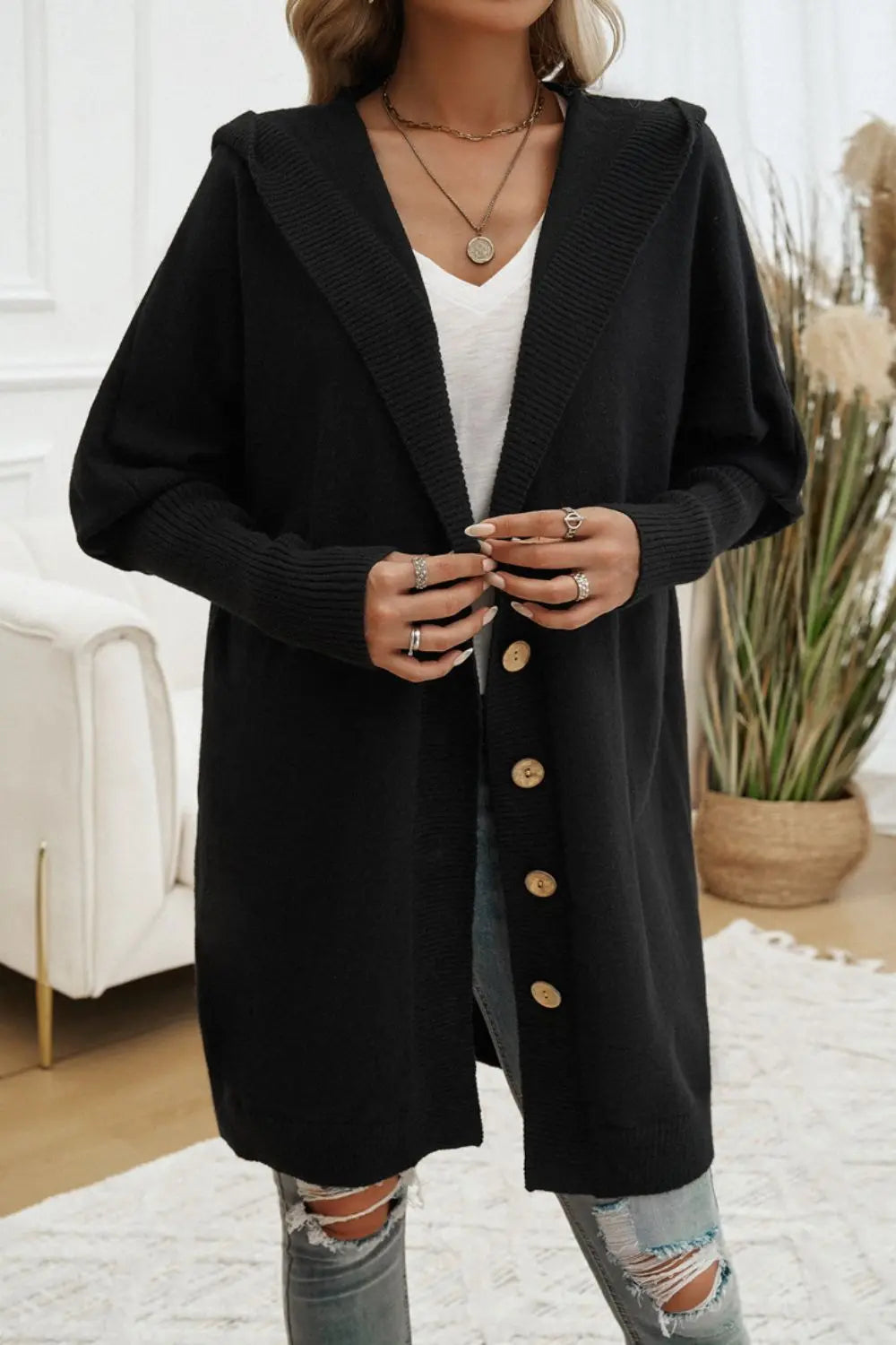 Women's Button Up Long Sleeve Hooded Cardigan Sweater - Cozy Fall & Winter Layering Piece for Casual Outfits and Office Wear
