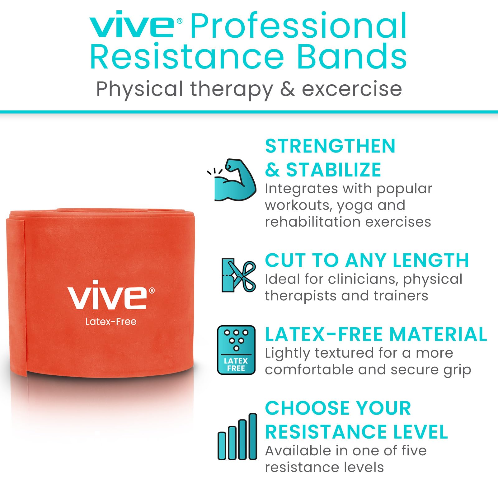 Vive Professional Resistance Bands - 25 Yard Non-Latex Roll for Physical Therapy, Strength Training & Rehabilitation - Upper & Lower Body Workout Elastic Bands for Women & Men - Perfect for Home Gym, Yoga, Pilates and Fitness Training