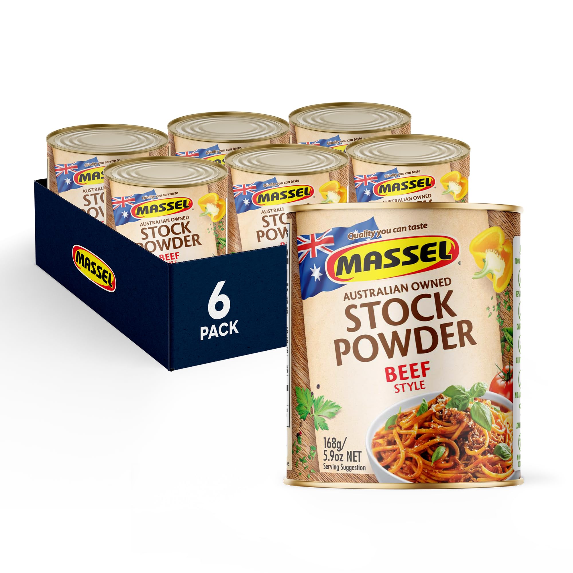 Massel Beef Style Bouillon Powder - Gluten Free, Low FODMAP, Vegan Soup Base (6 Pack, 168g) | Fat Free, MSG Free, Dairy Free, Non-GMO Stock for Ramen, Stew & Cooking | Perfect for Keto, Plant-Based & Allergy-Friendly Diets