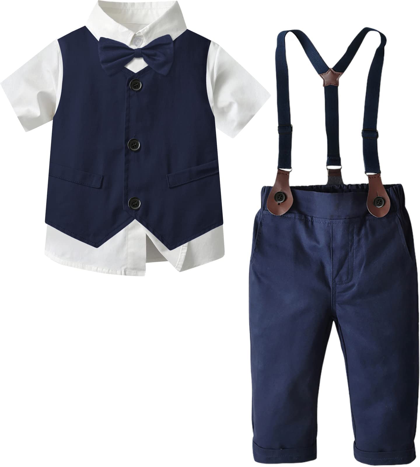 Stylish SANGTREE Baby Boys Summer Outfit - Short Sleeve Bowtie Shirt & Suspenders Shorts Set (3M-9Y) | Perfect for Summer Parties, Photoshoots & Special Occasions