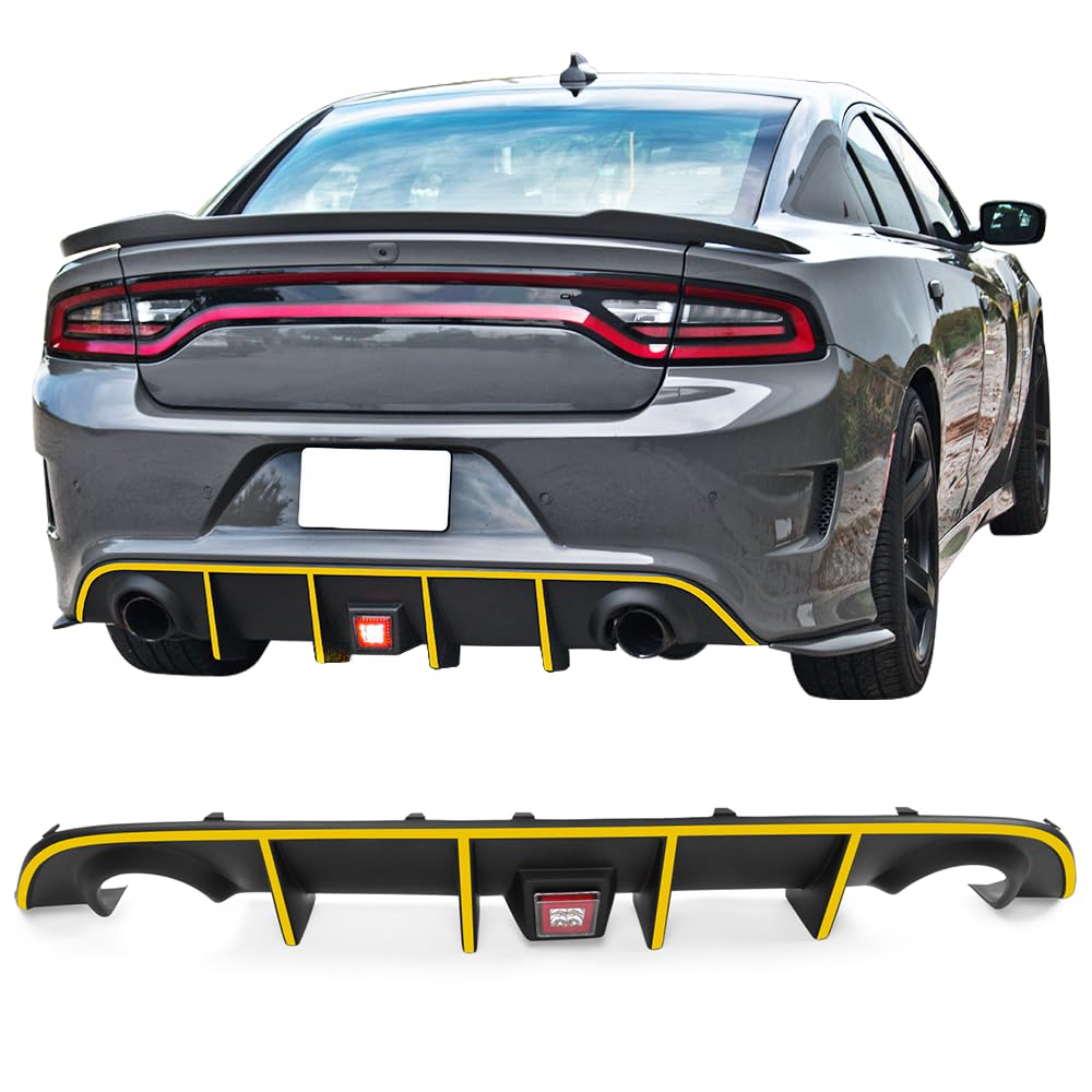 IKON MOTORSPORTS Rear Bumper Lip Diffuser with LED Brake Light & Reflective Tape for 2015-2023 Dodge Charger SRT | Aggressive Styling & Enhanced Safety for Street Racing & Car Shows