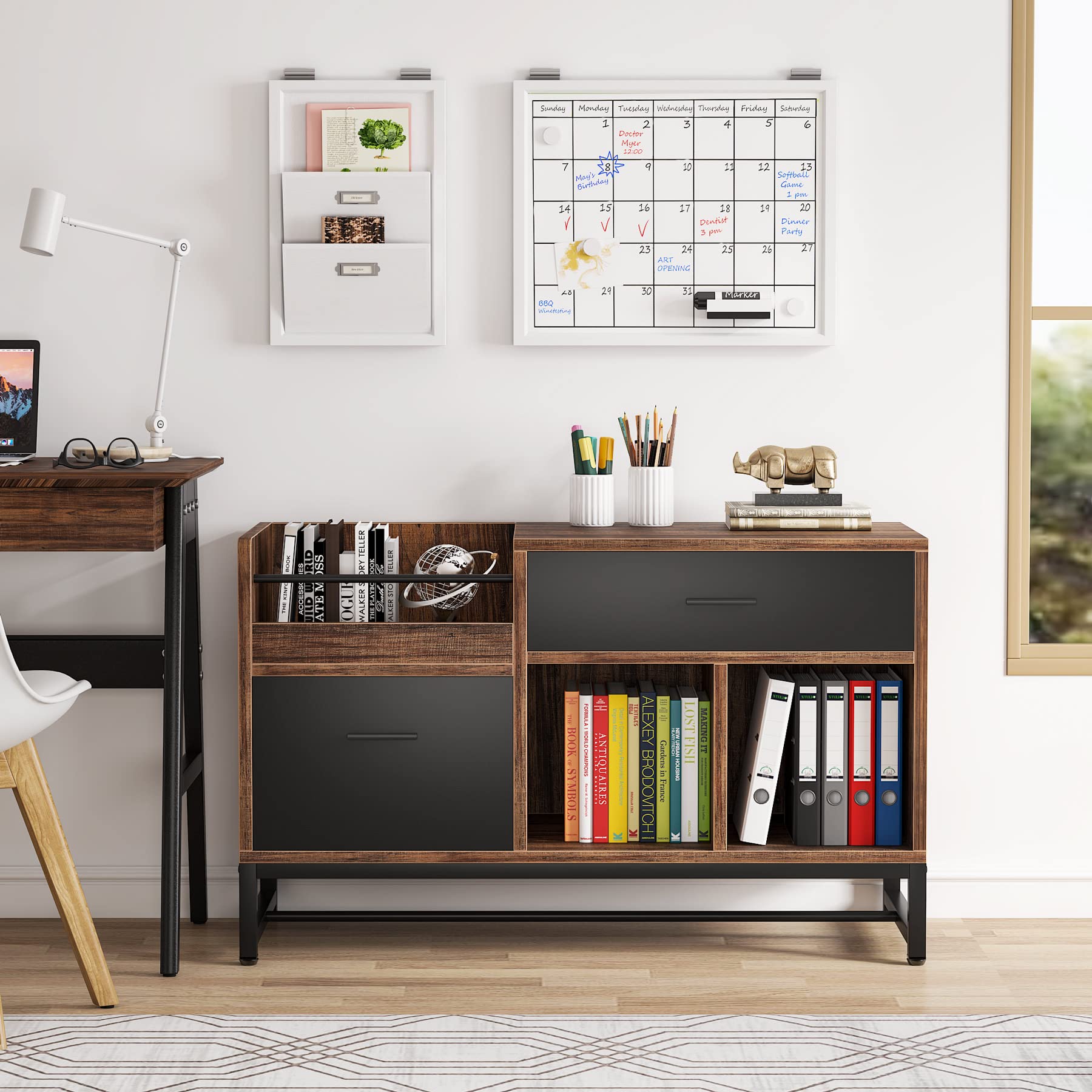 2-Drawer 39-Inch Lateral File Cabinet with Open Shelves - Compact Wooden Under Desk Storage Solution for Home Office Organization | Perfect for Printer Stand, Document Filing & Workspace Organization