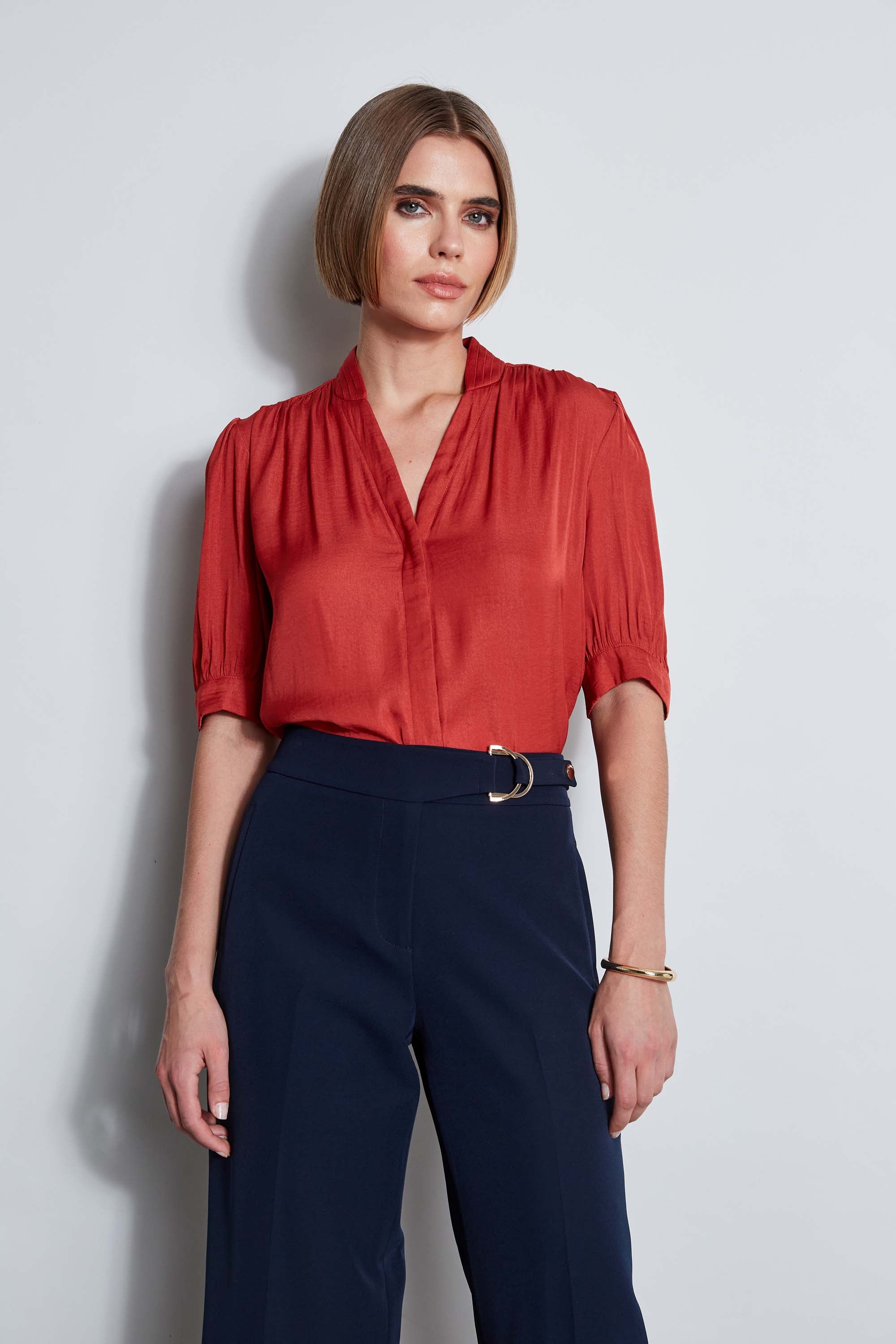 Tahari Women's Short Sleeve Pleated Neck Blouse - Elegant Office Wear & Casual Summer Top for Work & Social Events