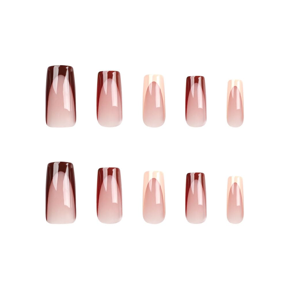 24Pcs Medium Long Square Press on Nails - Brown Acrylic Fake Nails with Floral Design, Full Cover Stick on Nails for Women & Girls, Wedding Manicure & Party Nail Art Accessories