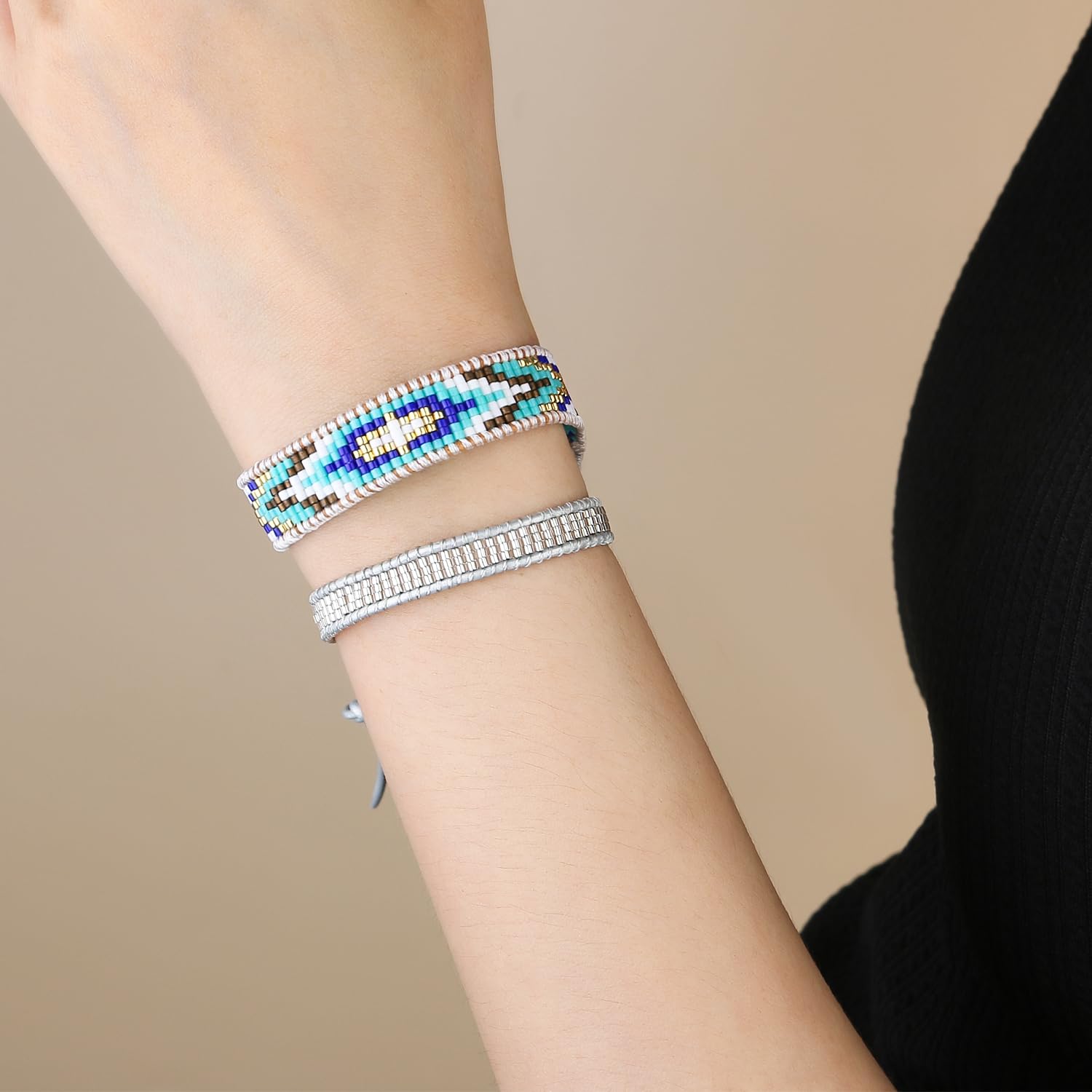 KELITCH Blue Diamond-Shaped Boho Seed Beaded Bracelet - Hand-Braided Bangle for Women - Perfect for Festivals, Beach Parties & Boho Chic Outfits