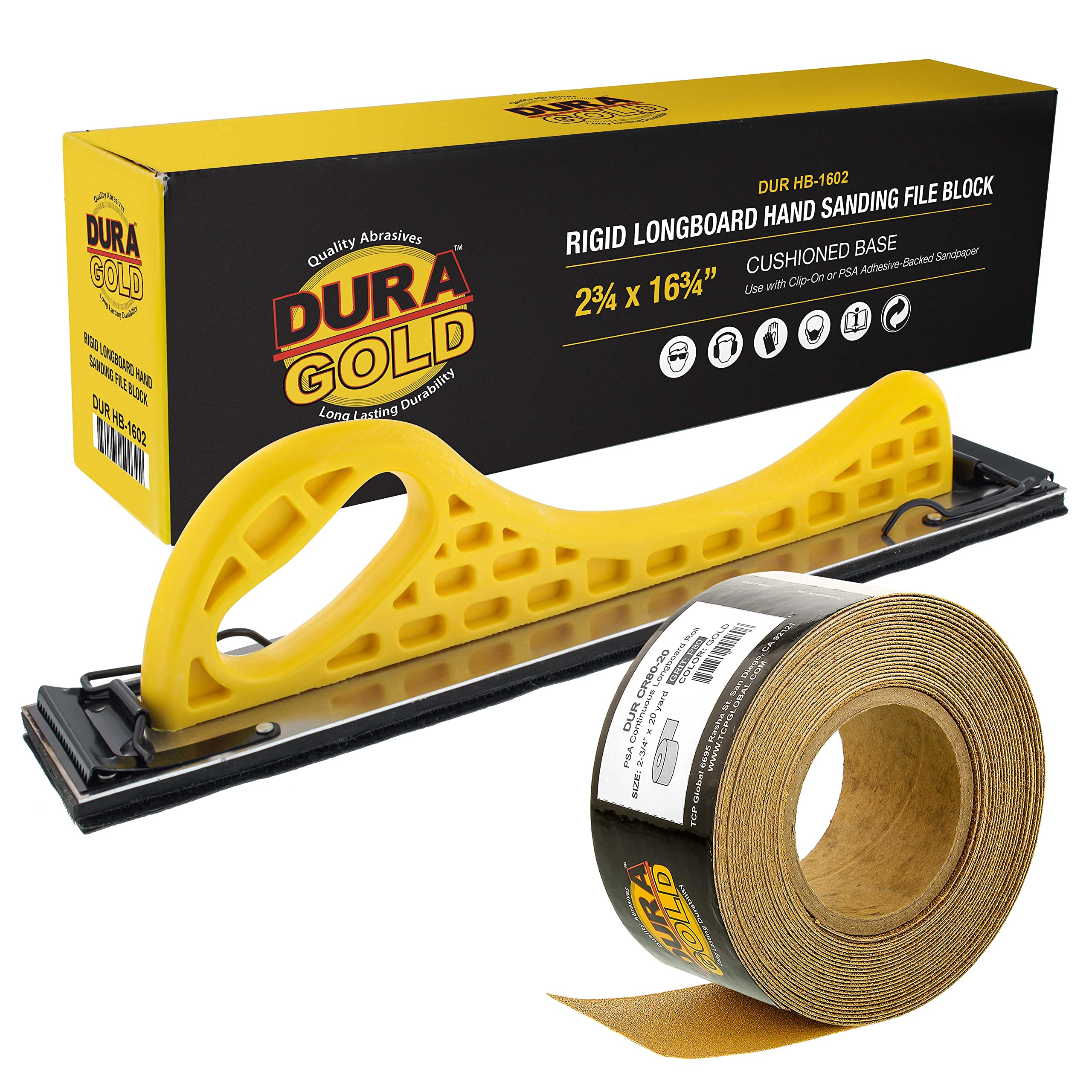 Dura-Gold Pro Series Longboard Hand Sanding File Sander Block with Hook & Loop Backing - Includes PSA Adapter Pad & 320 Grit Sandpaper Roll (20 Yards, 2-3/4