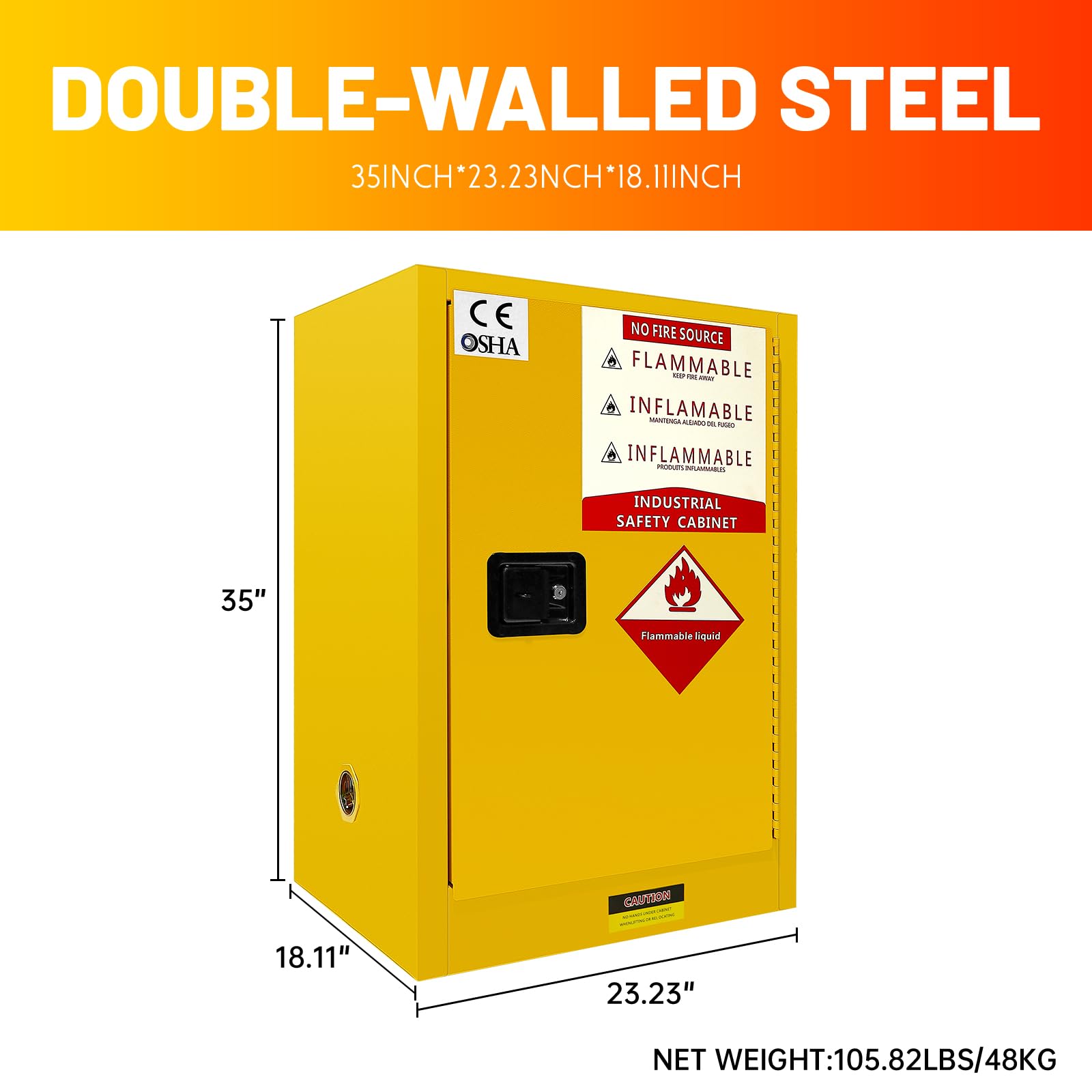 24 Gallon Flammable Safety Storage Cabinet - OSHA Compliant Hazardous Chemical Cabinet with Adjustable Shelves, Galvanized Steel Construction for Lab, Industrial & Home Use - Perfect for Storing Paint, Solvents & Flammable Liquids (Yellow)