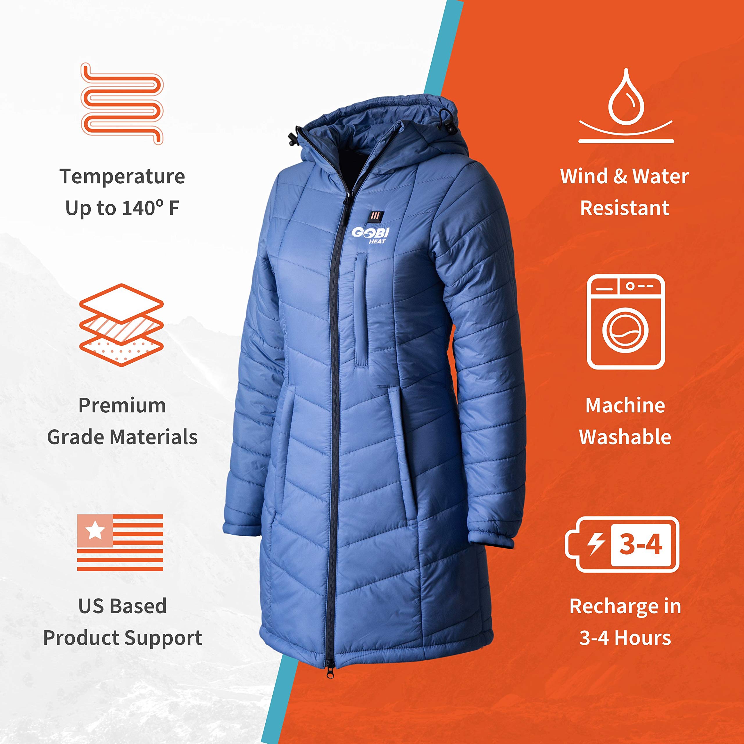 Victoria Women’s Long Puffer Heated Jacket with Battery & Charger - 9 Hours Heating, 5 Adjustable Heat Zones, Machine Washable Winter Coat for All Day Warmth (Size 2XL) - Perfect for Outdoor Activities, Skiing, Hiking and Cold Weather Commute