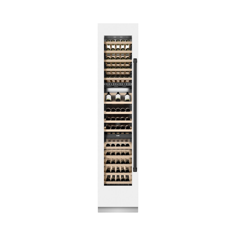 ZLINE Autograph Edition 18 Inch 9.0 cu ft Triple Zone 68 Bottle Left Hinge Column Wine Refrigerator - White Matte with Black Accents for Home Bar, Kitchen, or Wine Cellar (RCWVLZ WM 18 MB)