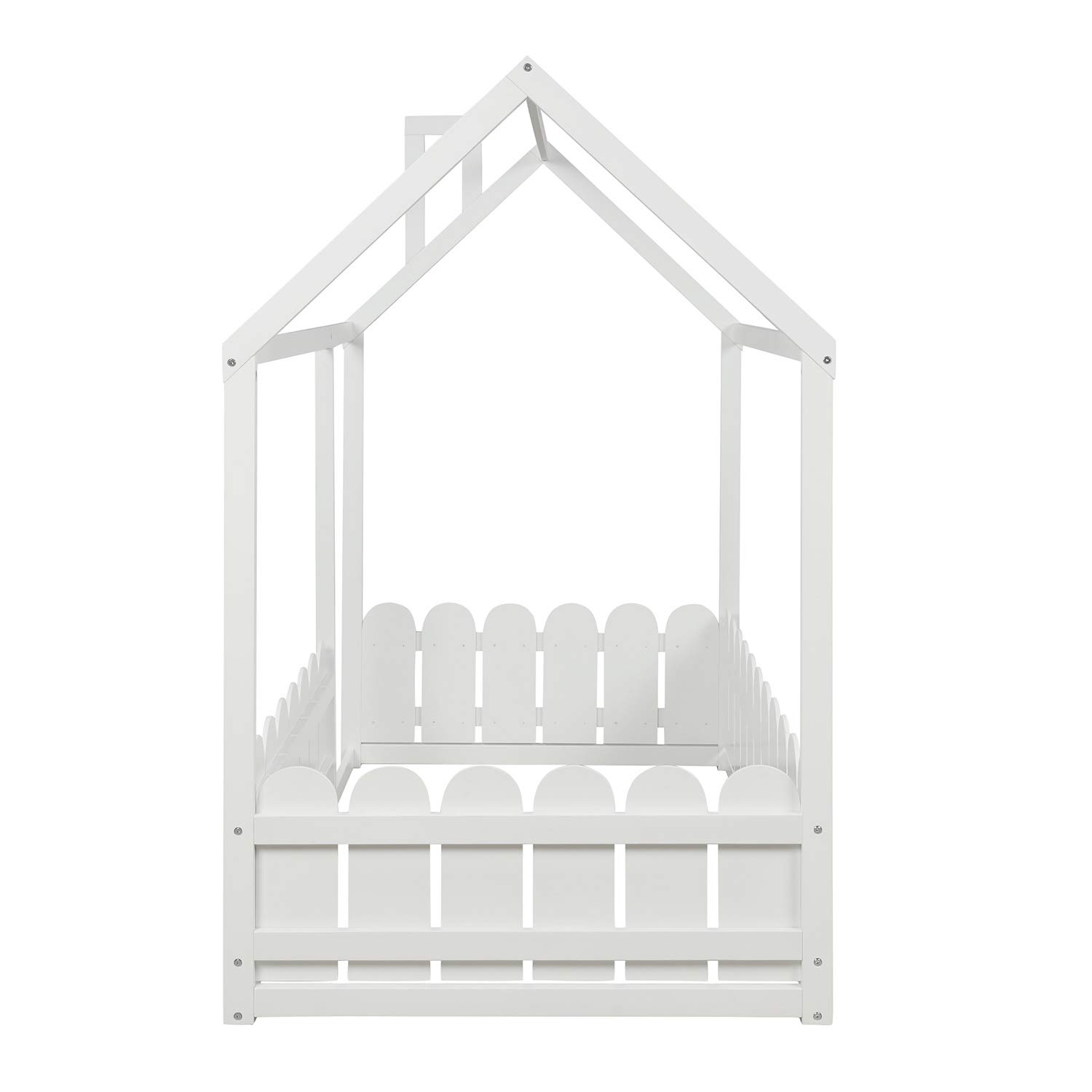 **Kids Twin Size Wood Floor Bed - House Shape Bed Frame with Roof & Fence, Cabin/Tent Bed for Children & Teens (White) - Perfect for Playrooms, Bedrooms & Montessori Spaces**