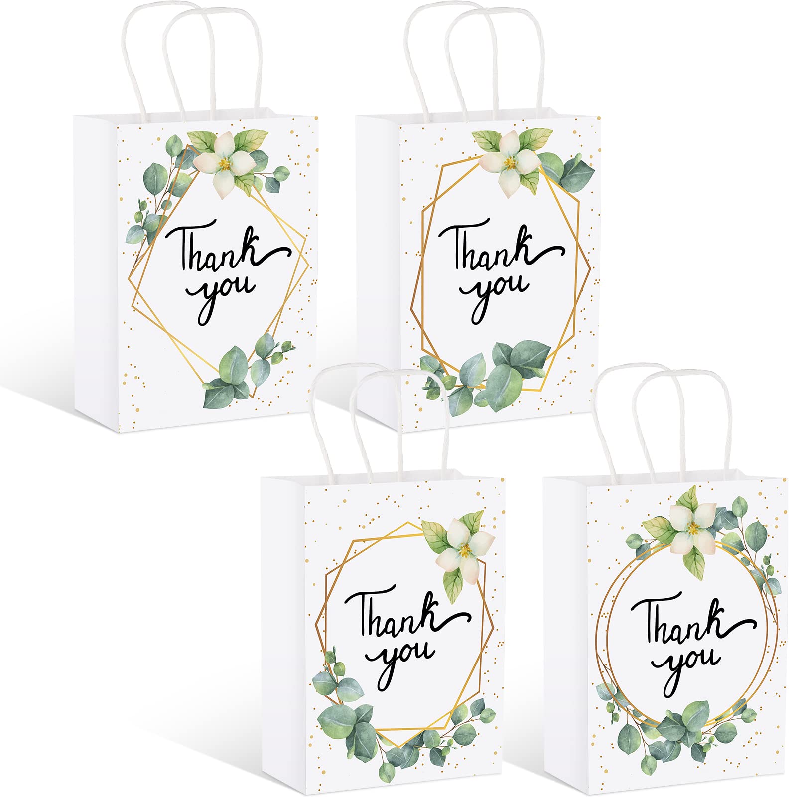 Eucalyptus Thank You Gift Bags - Floral Design White Kraft Paper Favor Bags with Handles for Baby Shower, Wedding, Birthday Party - 6.3