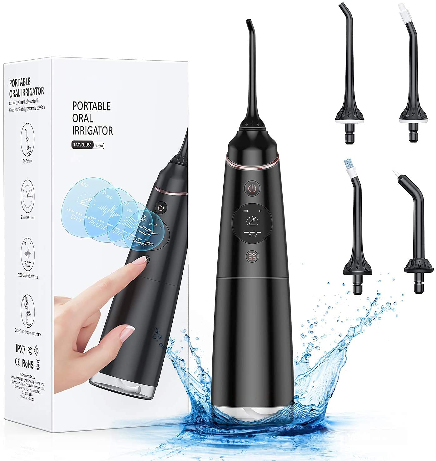 **Cordless Water Flosser for Teeth Cleaning - 4 Modes & 10 Custom Modes with OLED Display, 300ML Rechargeable IPX7 Waterproof Dental Irrigator for Oral Care, Portable Teeth Water Jet Cleaner for Travel, Home & Shower Use (Black)**