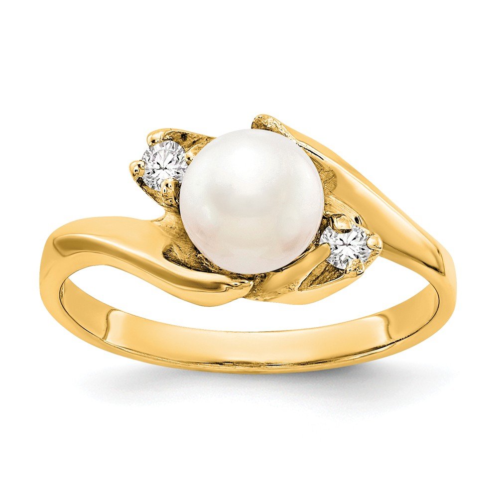 14K Yellow Gold Freshwater Cultured Pearl & Diamond Ring Band (0.082 CTTW) - Elegant Wedding, Engagement & Anniversary Jewelry Gift for Women