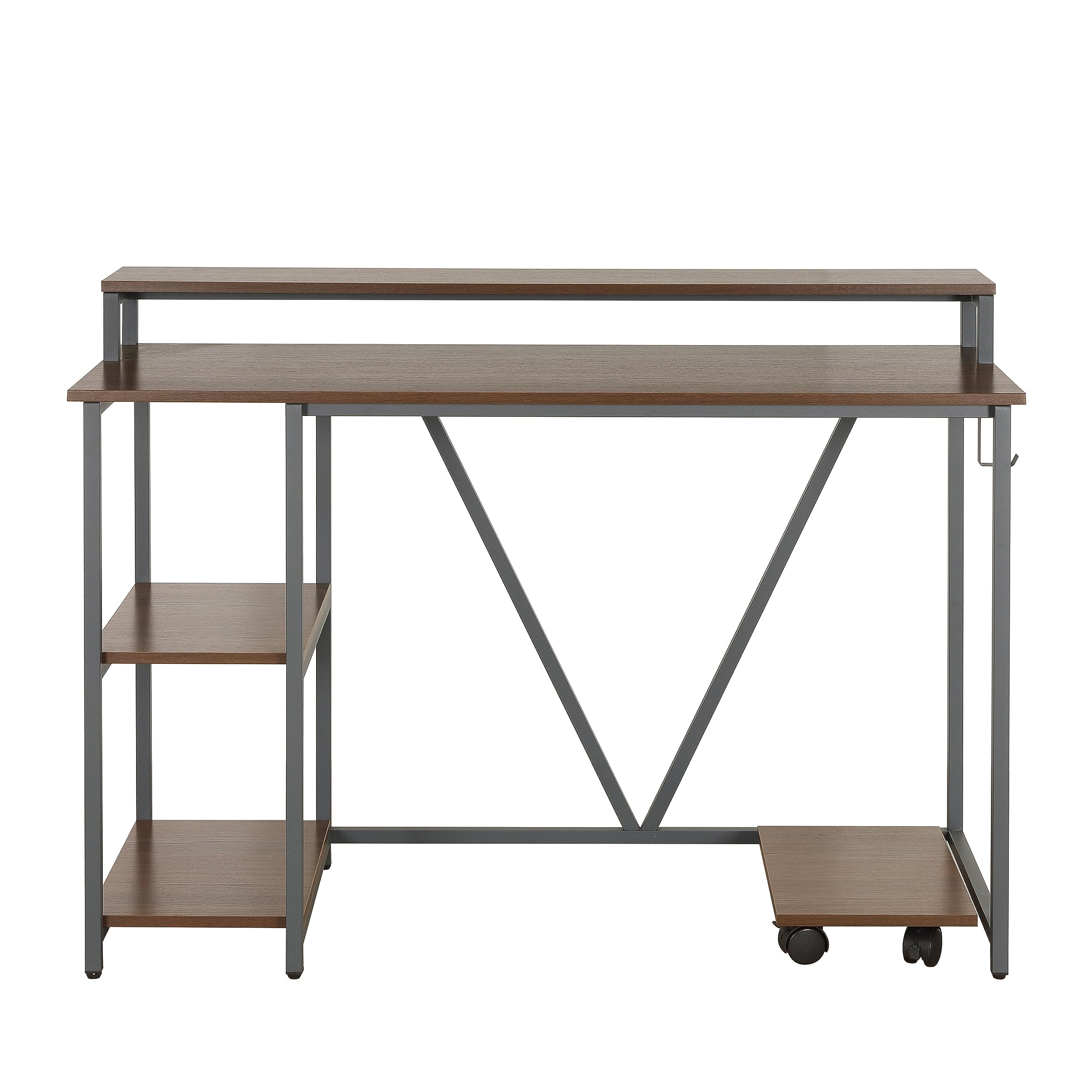 Techni Mobili Industrial Walnut Computer Desk with Storage Shelves, Monitor Stand, CPU Caddy & 2-Tier Bookshelf - Perfect Home Office Laptop Table for Small Spaces & Modern Workstations