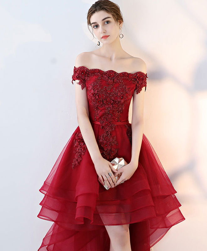 Elegant Burgundy Tulle Lace Off-Shoulder Prom Dress for Homecoming & Formal Events - Perfect for Dances, Weddings & Special Occasions