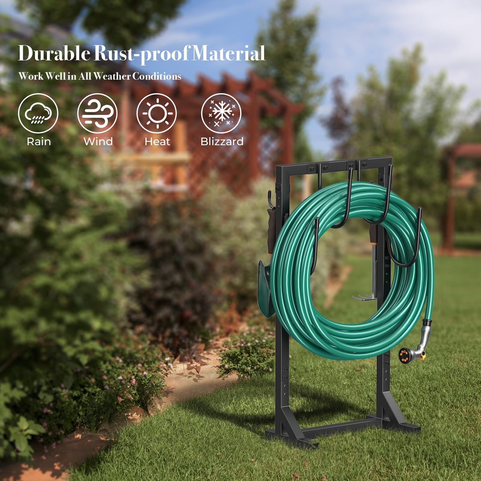 Heavy Duty Freestanding Garden Hose Holder with 4 Spikes & 6 Hooks - Outdoor Metal Water Hose Storage Stand Hanger for Yard, Lawn, and Garden (Black) | Perfect for Organizing Garden Hoses, Sprinklers, and Watering Tools