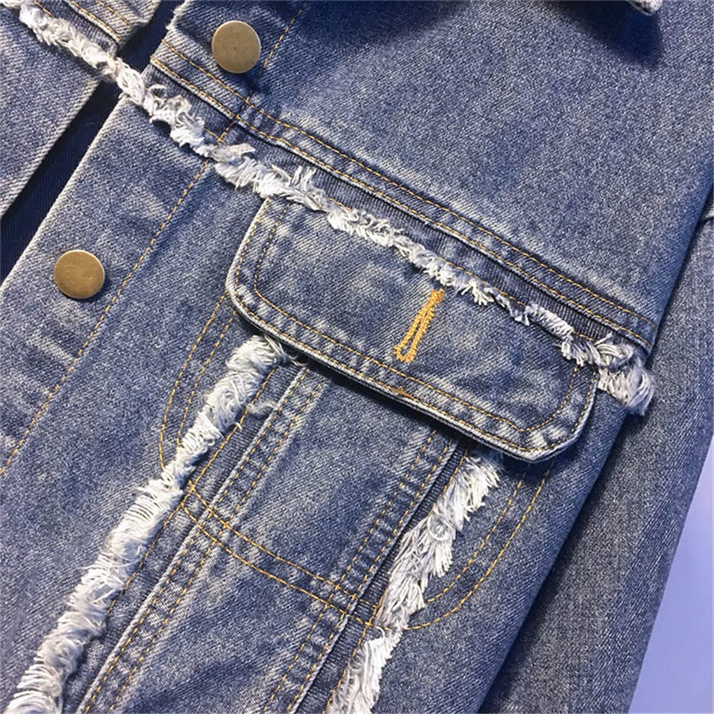 Women's Denim Jacket - Blue Distressed Boyfriend Style Long Sleeve Jean Coat for Fall | Casual Streetwear, Layering & Outdoor Activities