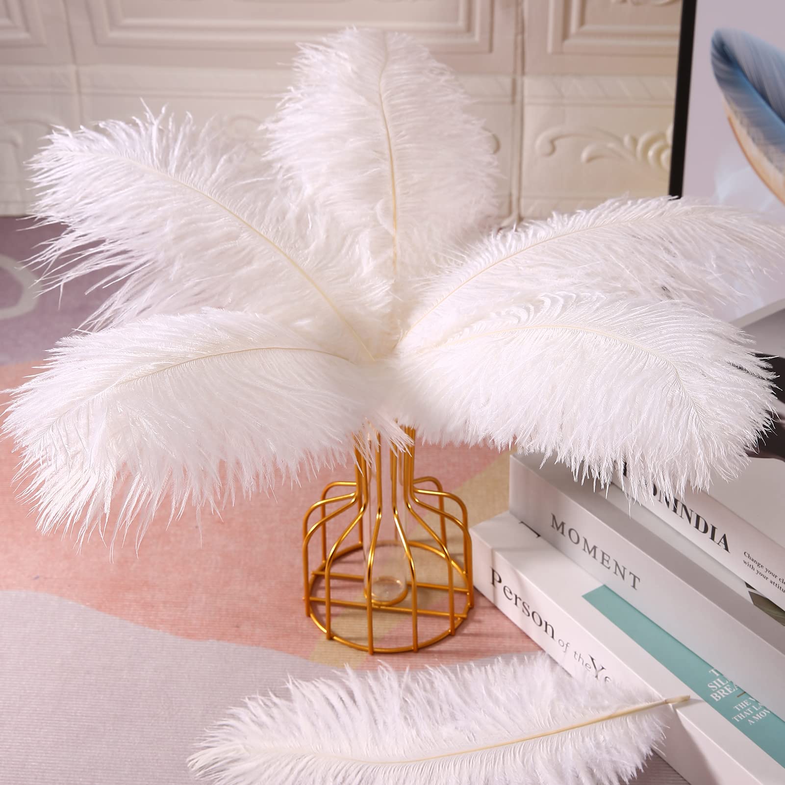 100PCS Natural White Ostrich Feathers 20-22 Inch (50-55cm) Bulk for Wedding Centerpieces, Party Decor, Easter Arrangements, Gatsby Theme & Home Decoration - DIY Craft Supplies for Floral Design and Event Styling