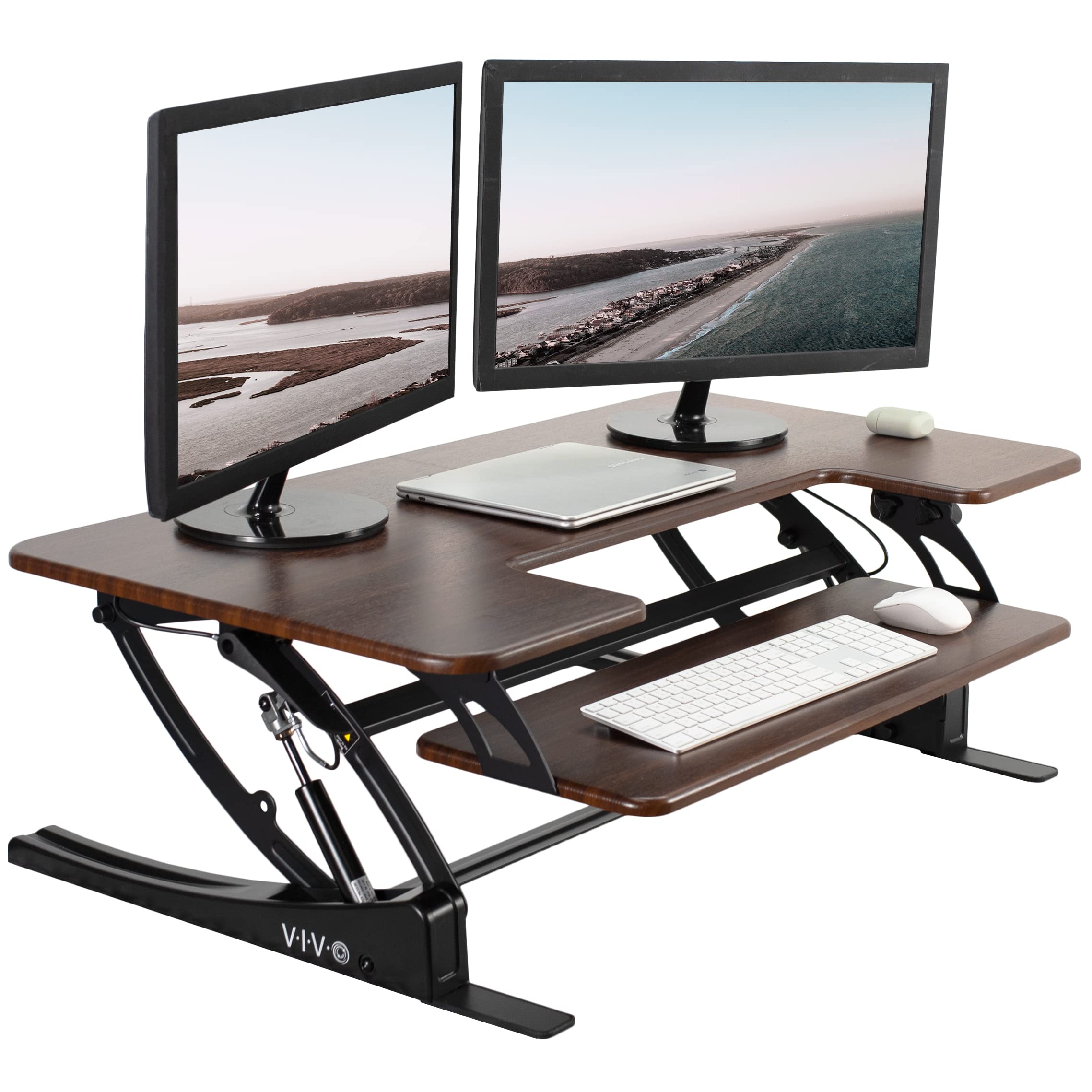 VIVO V Series 42 Inch Height Adjustable Stand Up Desk Converter - Quick Sit to Stand Tabletop Dual Monitor Riser Workstation with Dark Walnut Top and Black Frame (DESK-V000VLD) - Perfect for Home Office, Gaming Setup, and Ergonomic Workspace