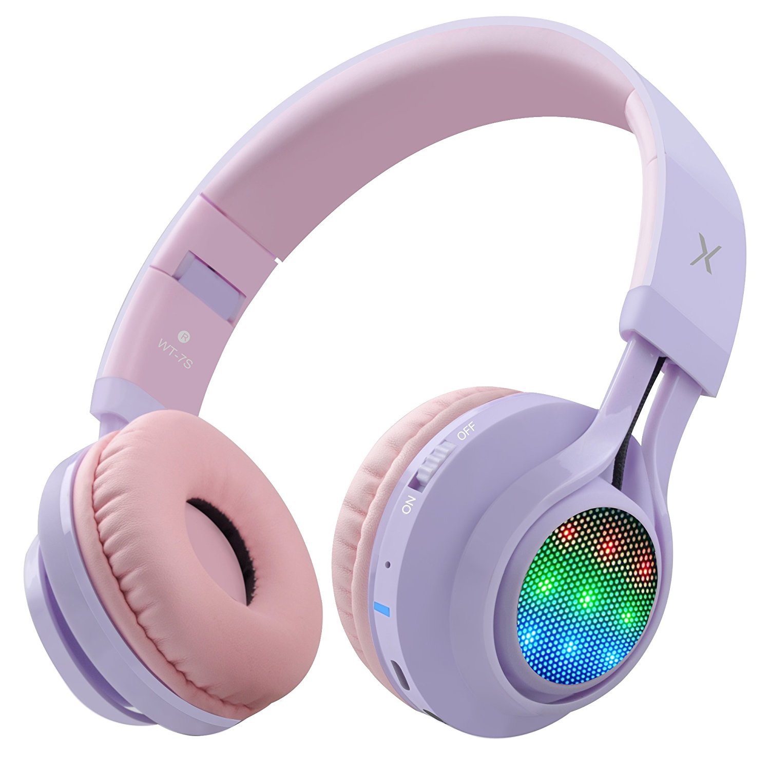 Riwbox WT-7S Kids Bluetooth Headphones with LED Lights - Foldable Wireless Headphones with Built-in Mic & Volume Control for Children - Compatible with PC, Tablet, TV - Perfect for School, Travel & Home Use