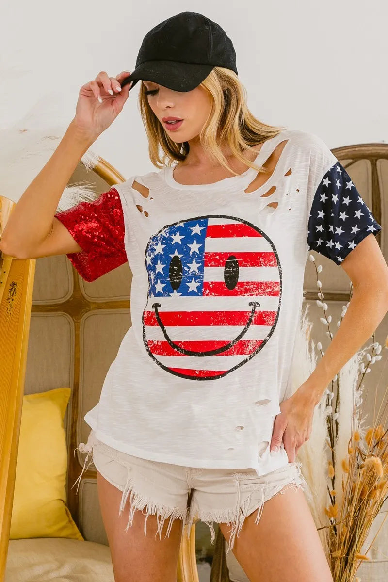 BiBi Patriotic 4th of July Women's T-Shirt - Laser Cut Star & Smile Face Design - Perfect for Independence Day Parties & Summer Festivals
