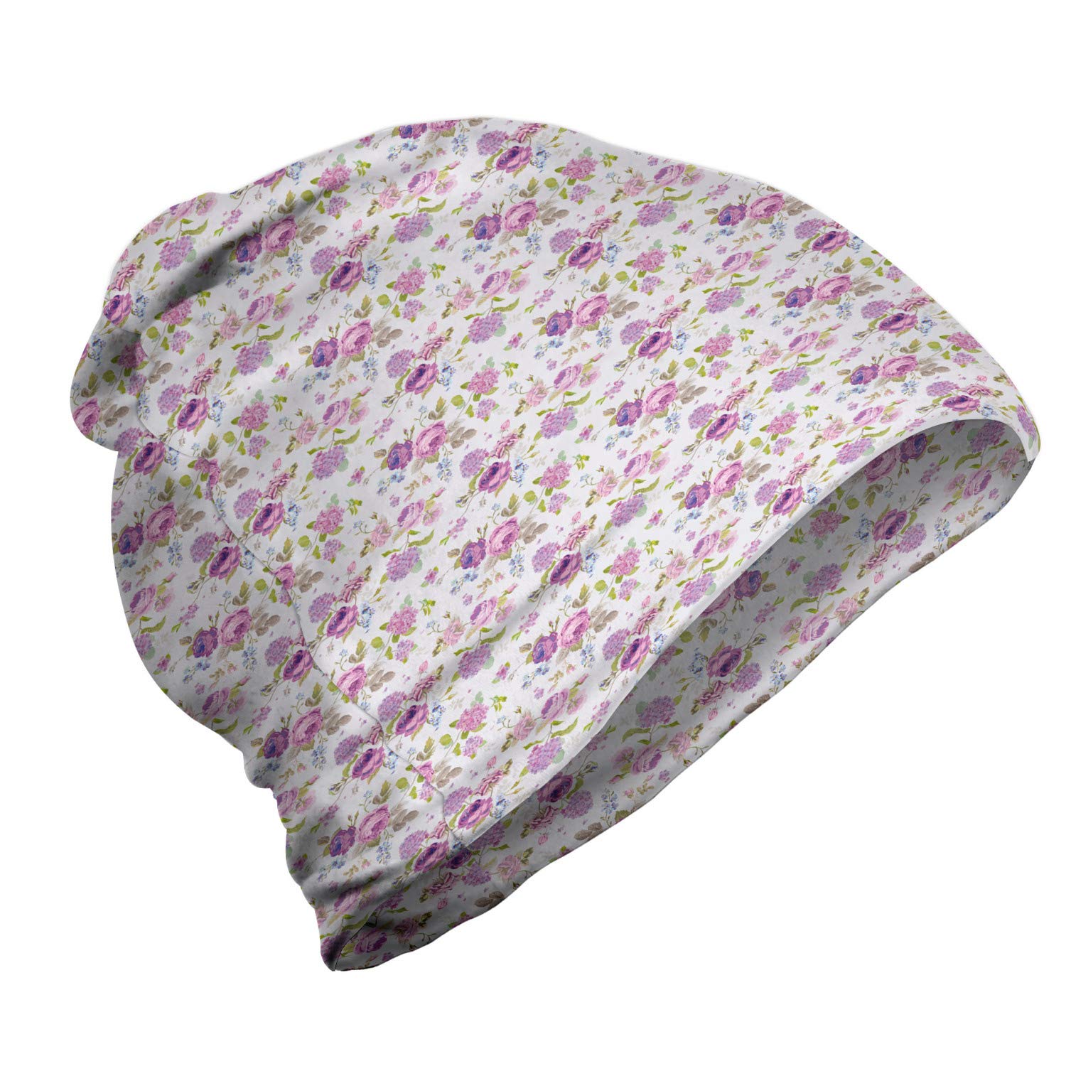 Ambesonne Unisex Beanie - Floral Roses and Violets Design for Hiking, Outdoor Activities, Winter Warmth & Fashion Accessory | Perfect for Camping, Skiing, and Cold Weather Adventures
