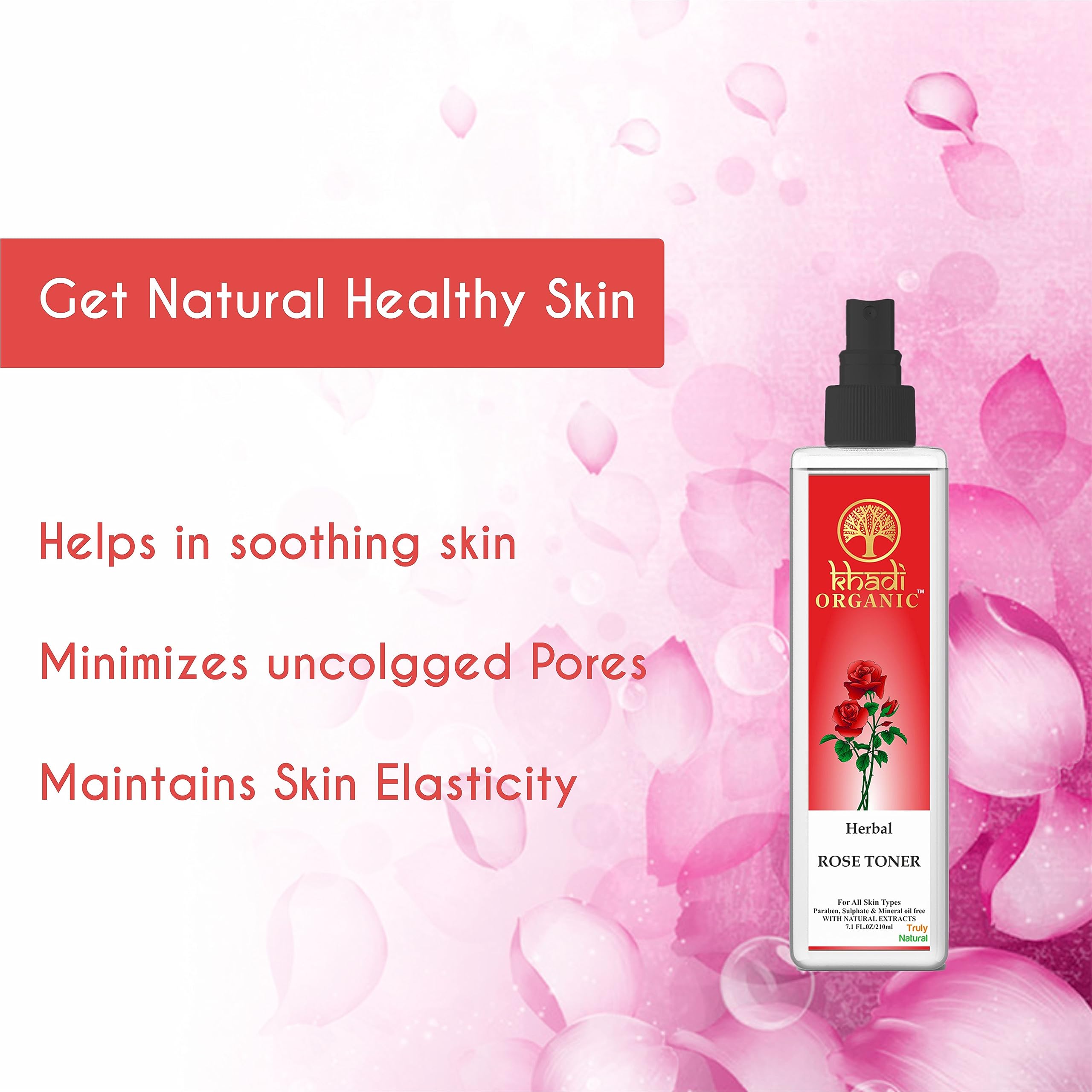 Khadi Organic Rose Water Spray for Face & Skin | Pure Ayurvedic Gulab Jal Rosewater Toner (210ml) - Hydrating, Soothing & Refreshing Facial Mist for Daily Skincare Routine & Makeup Setting