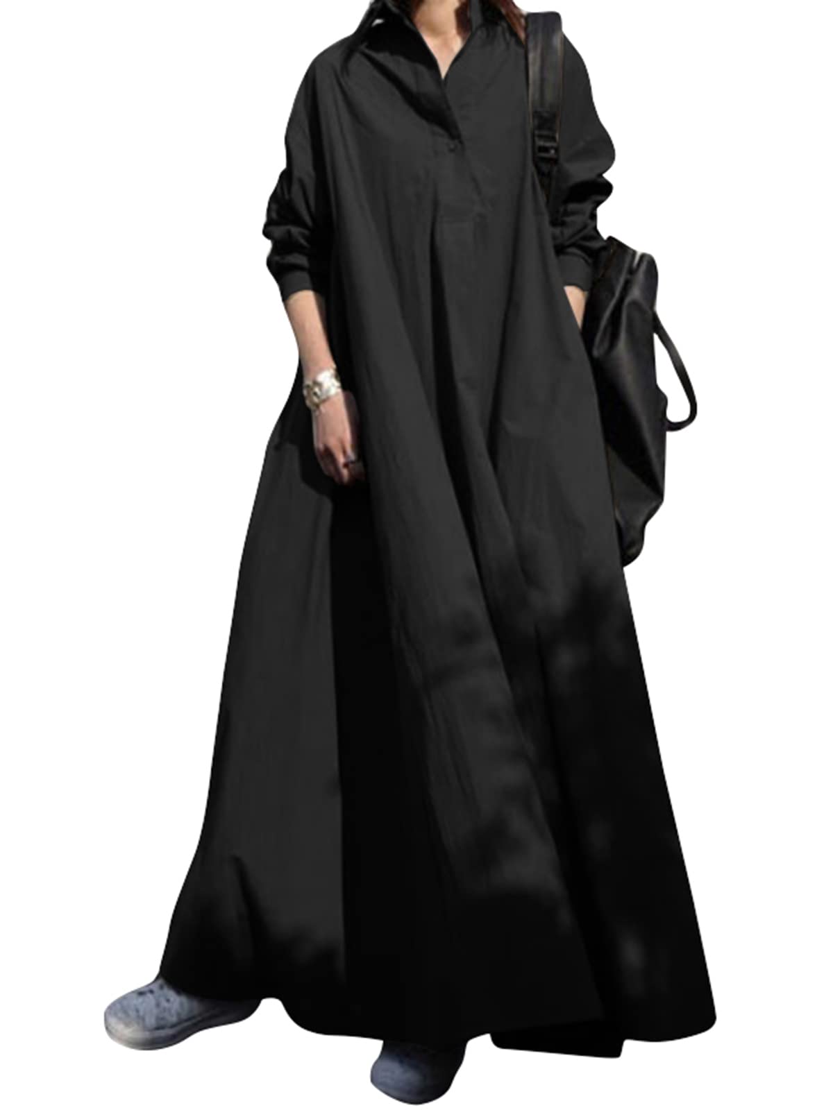 ZANZEA Women's V Neck Long Sleeve Casual Maxi Dress - Loose Fit Sexy Solid Color Long Dresses for Party, Date Night & Special Occasions