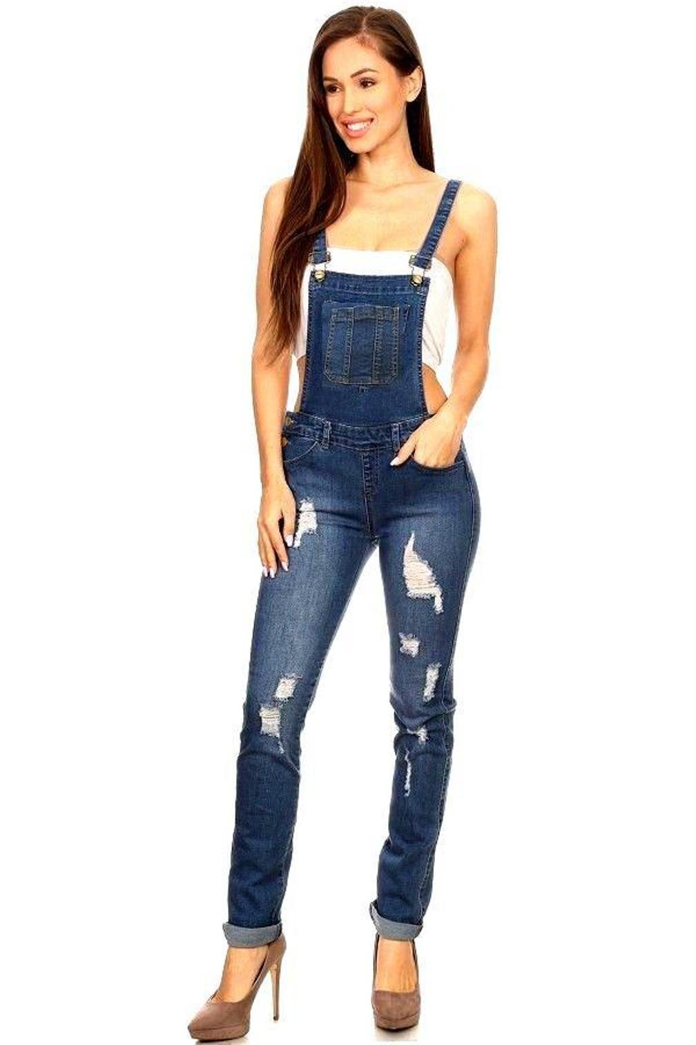 Women's Plus Size Blue Distressed Denim Overalls - Stretch Skinny Jumpsuit Pants for Juniors | Casual Outfit, Streetwear Fashion, and Everyday Comfort