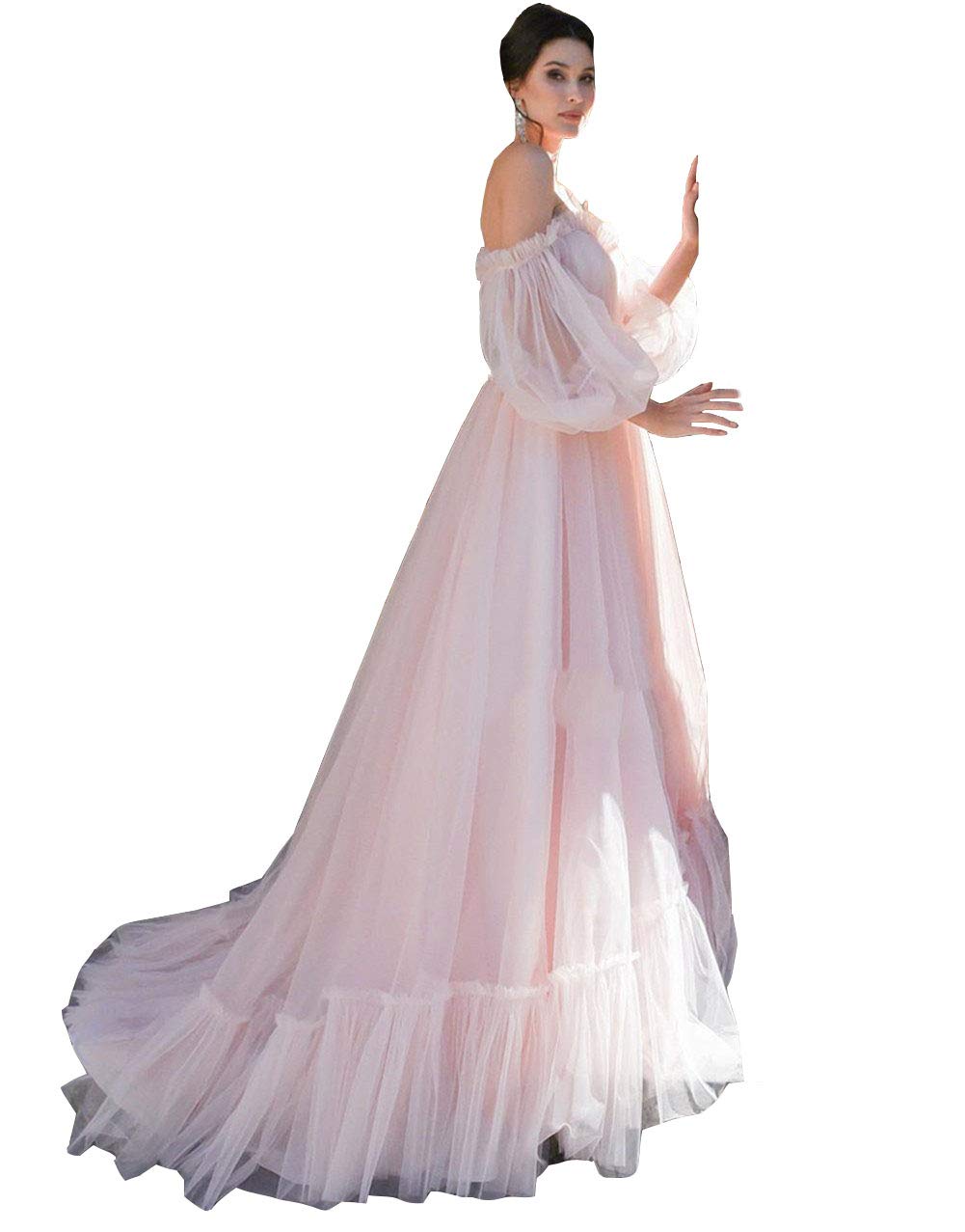 Elegant Off-The-Shoulder Long Sleeve Tulle Evening Dress for Women - Perfect for Formal Occasions, Prom, Gala & Wedding Guest Outfits