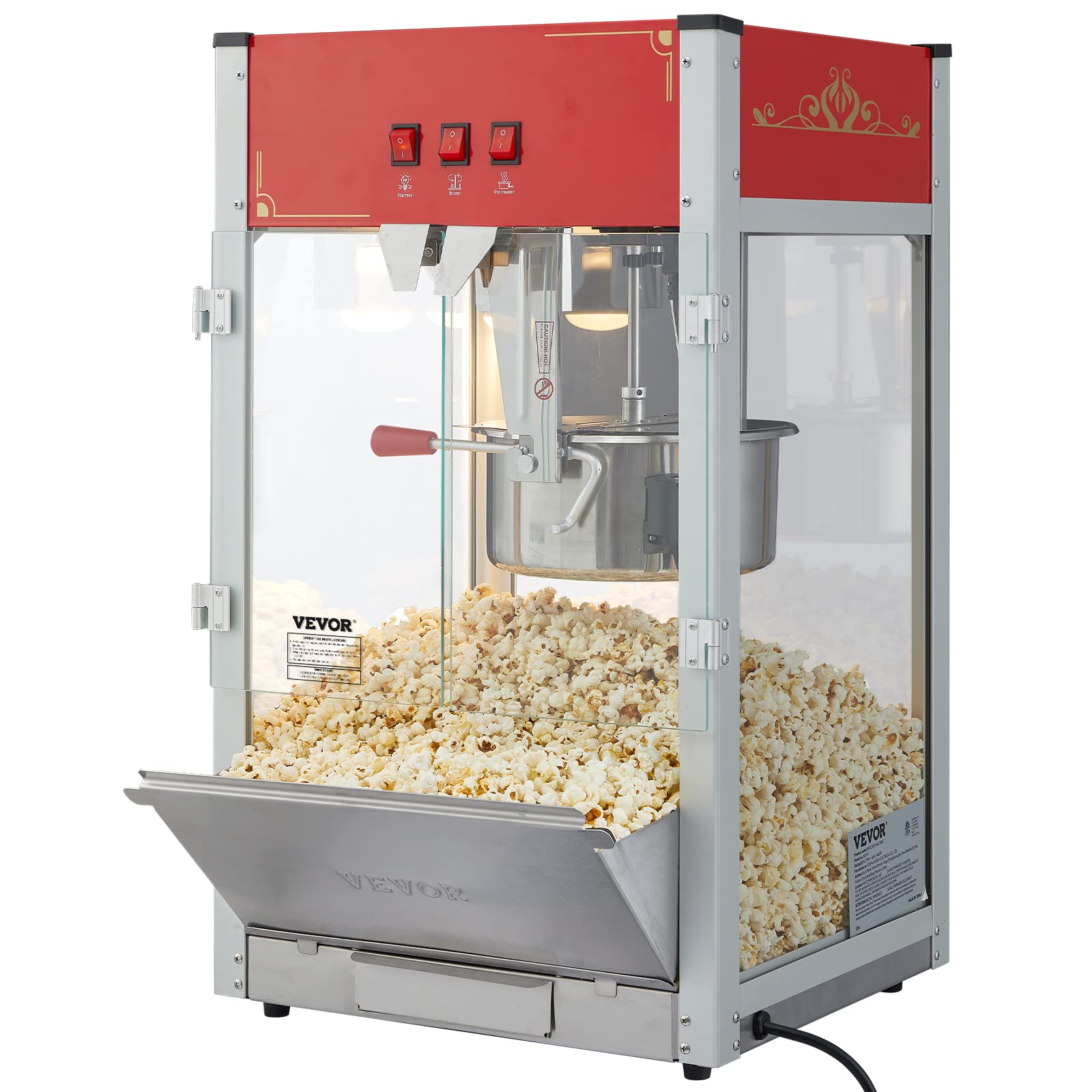 VEVOR 12 Oz Commercial Popcorn Machine - 1440W Theater Style Popper with 3-Switch Control, Steel Frame & Tempered Glass - Makes 80 Cups per Batch (Includes Scoop & 2 Spoons, Red) - Perfect for Movie Theaters, Carnivals, and Home Entertainment