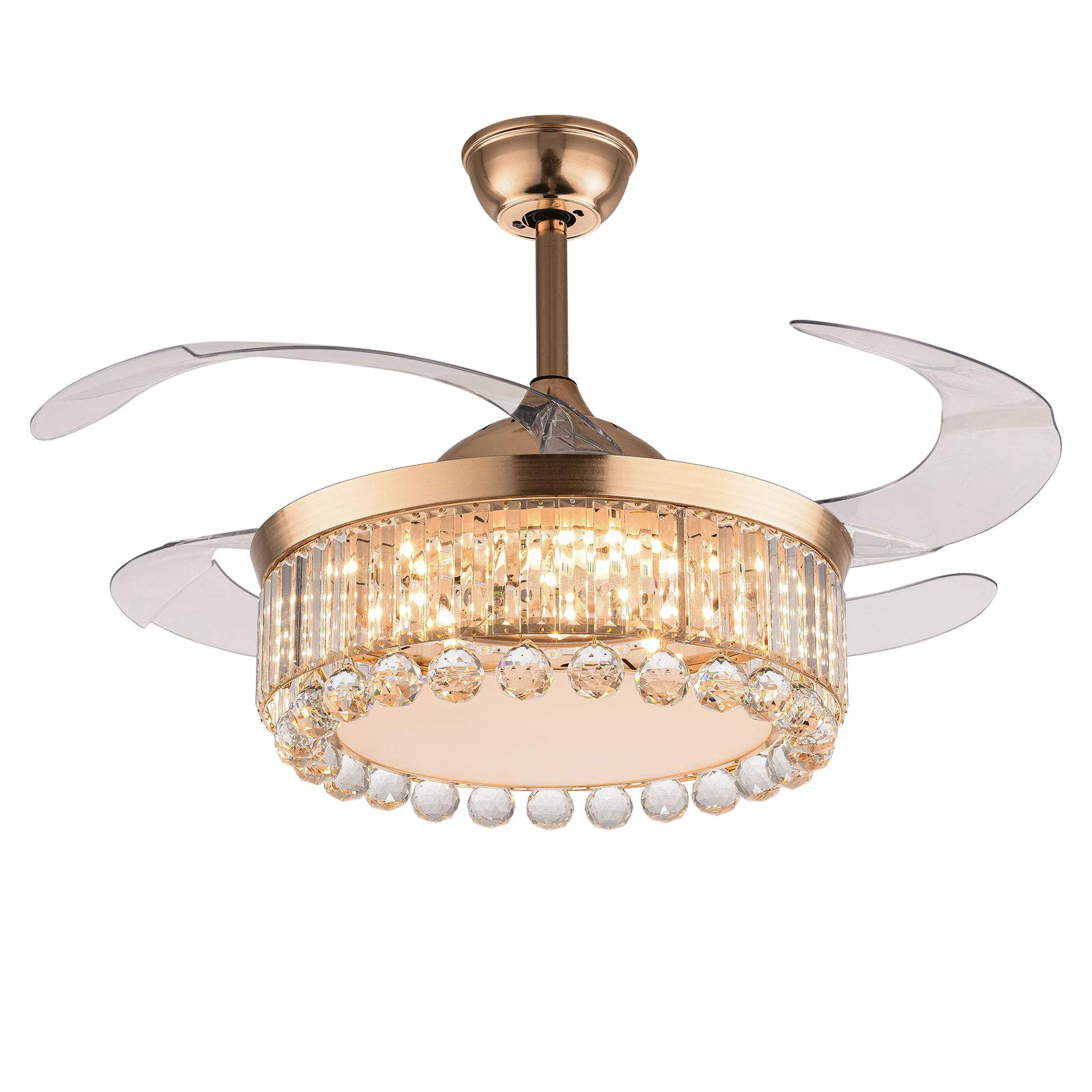 WUPYI 42 Inch Gold Crystal Ceiling Fan with LED Lights & Remote Control - 3 Speed Retractable Blade Chandelier Fan for Living Room, Kitchen, Restaurant | Energy Efficient Cooling & Elegant Lighting for Home & Commercial Spaces