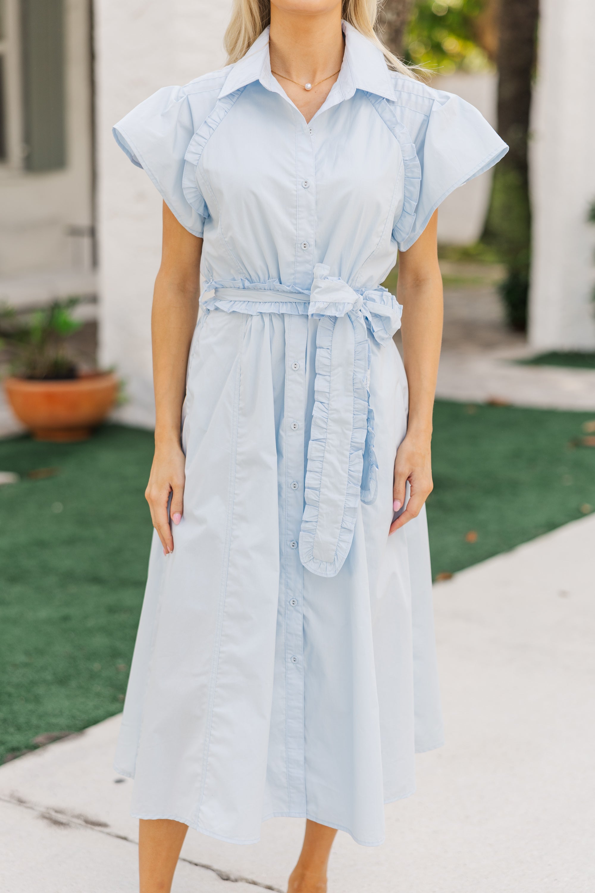 Light Blue Ruffled Midi Dress - Elegant Summer Party & Wedding Guest Dress | All In A Dream