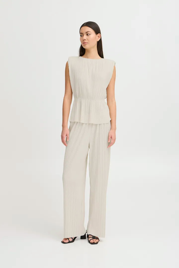 Ana Wide Leg Plisse Pants for Women - High Waisted Comfortable Trousers in Almond Milk Color | Perfect for Office, Casual Wear & Travel Outfits