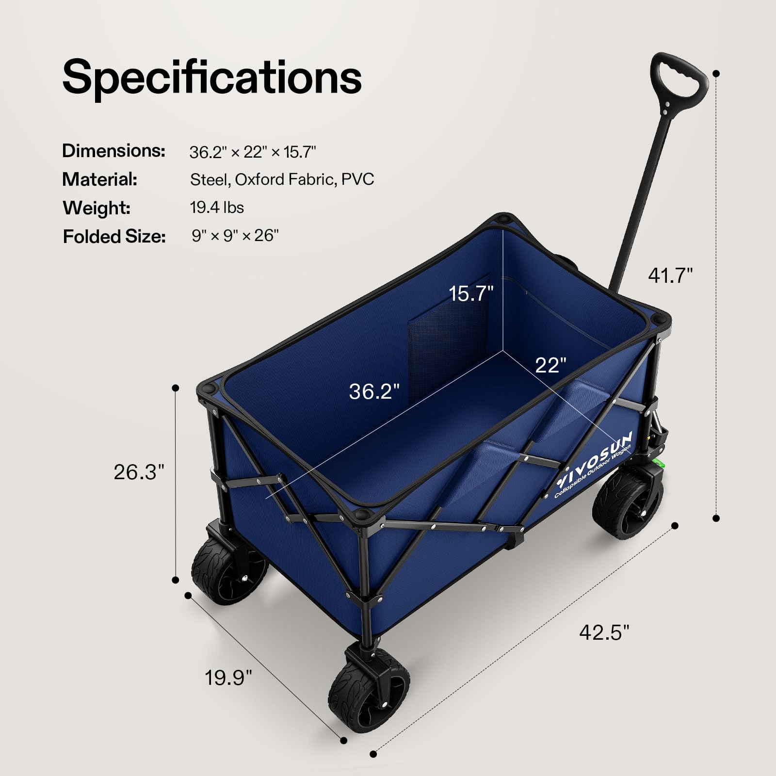 VIVOSUN Collapsible Folding Wagon Cart with All-Terrain Wheels - Adjustable Handle, Cup Holders & Storage Pockets - Perfect for Beach, Camping, Shopping, Picnics, Gardening & Outdoor Activities - Heavy Duty Utility Wagon for Sand, Grass & Rough Terrain - Portable Blue Folding Cart