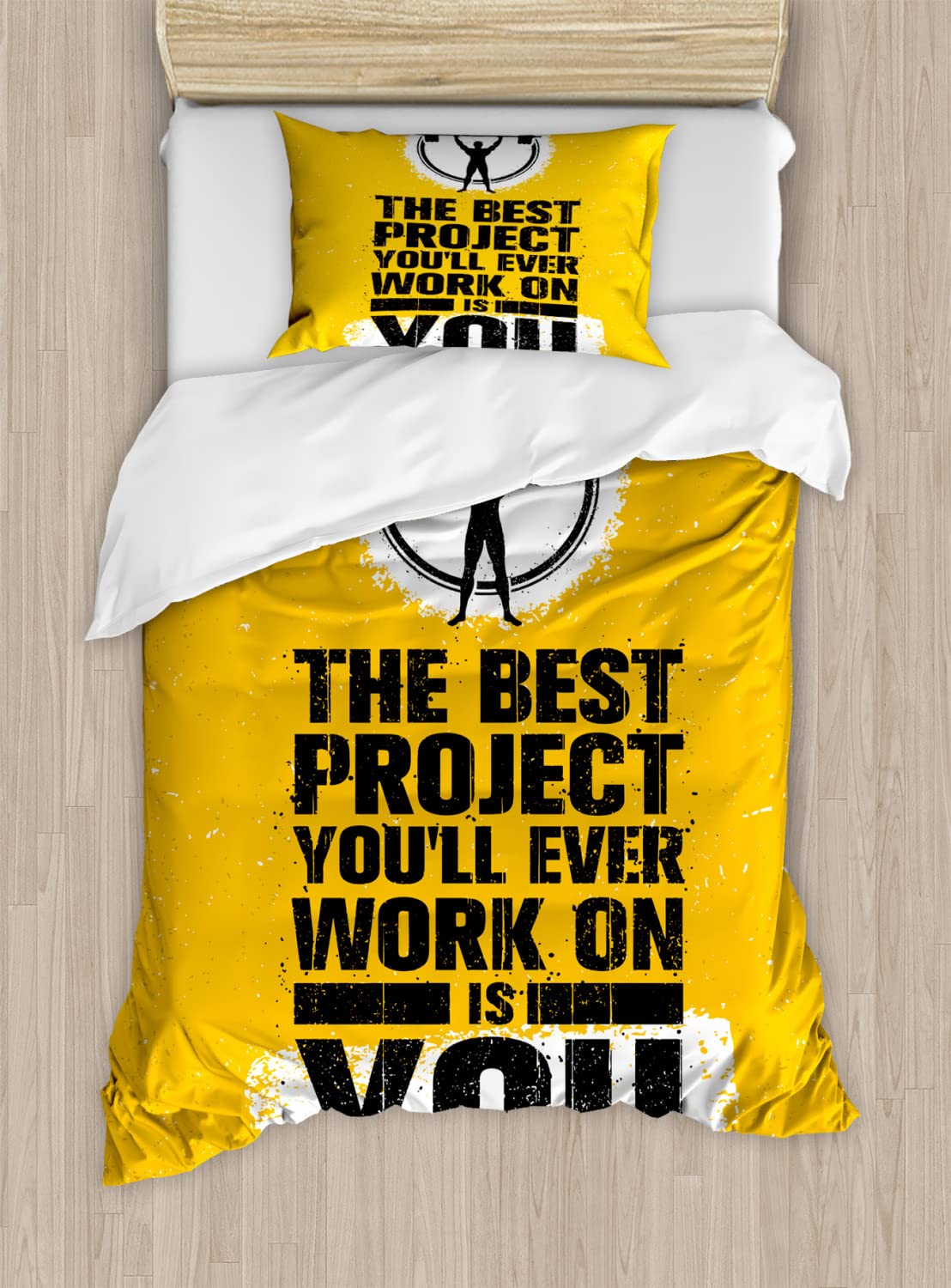 Ambesonne Fitness Duvet Cover Set - 2 Pack Twin Size with 2 Duvet Covers & 2 Pillowcases - Weightlifter & 'Best Project is You' Motivational Design in Marigold, Dark Blue & White - Perfect for Gym Enthusiasts' Bedroom Decor & Fitness Themed Home Styling