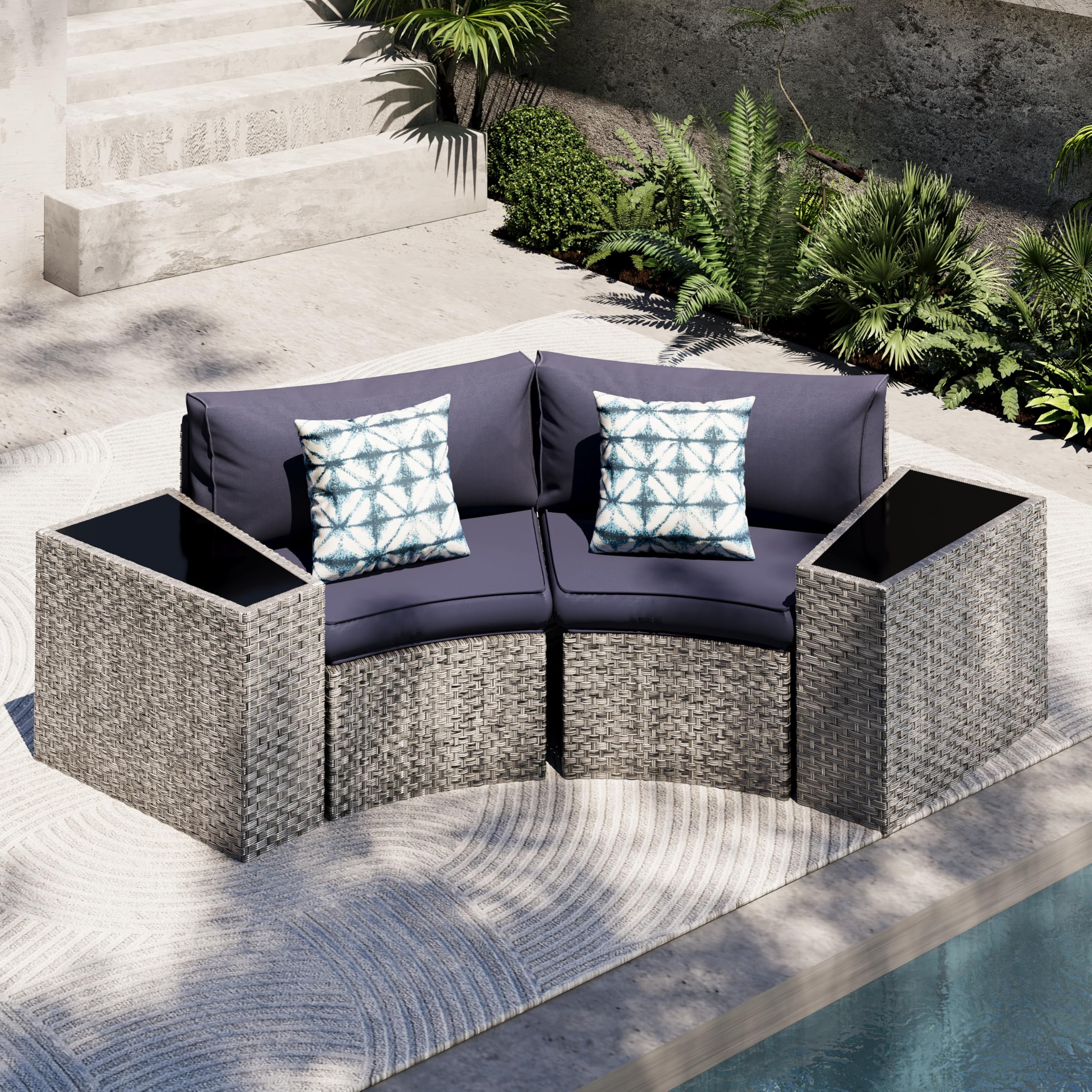 **UDPATIO 4-Piece Fully Assembled Outdoor Sectional Sofa Set - Heavy Duty Wicker Half-Moon Curved Modular Patio Furniture for Porch, Backyard, Garden & Poolside (Blue) - Perfect for Relaxing, Entertaining & Outdoor Gatherings**