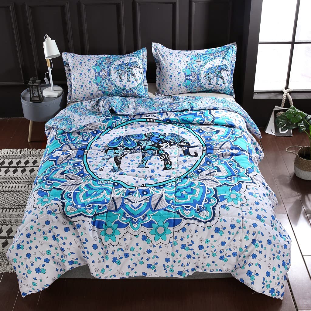 Teal Blue Elephant Bohemian Paisley Comforter Set - Soft Reversible All-Season Boho Hippie Geometric Bedding for Twin Bed (3-Piece) | Perfect for Bohemian Bedroom Decor & Guest Room Styling
