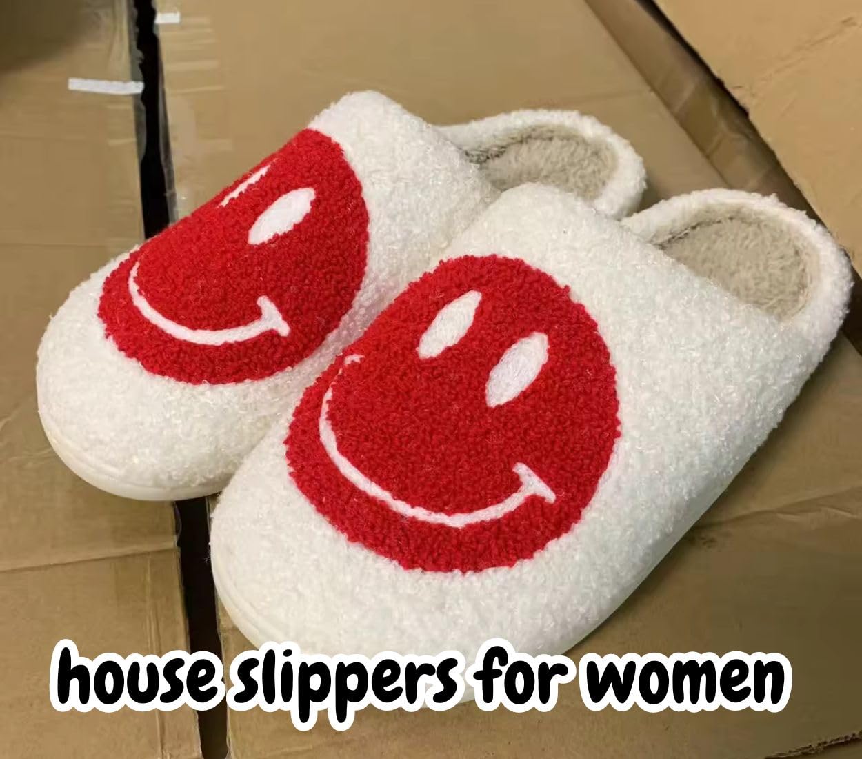 Women's Smiley Face Slippers - Soft Plush Warm Slip-On House Shoes for Indoor & Outdoor Use | Cozy Retro Women's Slippers for Home, Lounge & Relaxation