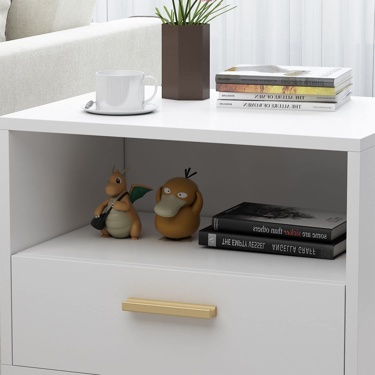 FAMAPY Set of 2 Modern Nightstands with Drawer & Open Shelf, White End Tables with Gold Metal Legs - 19.5