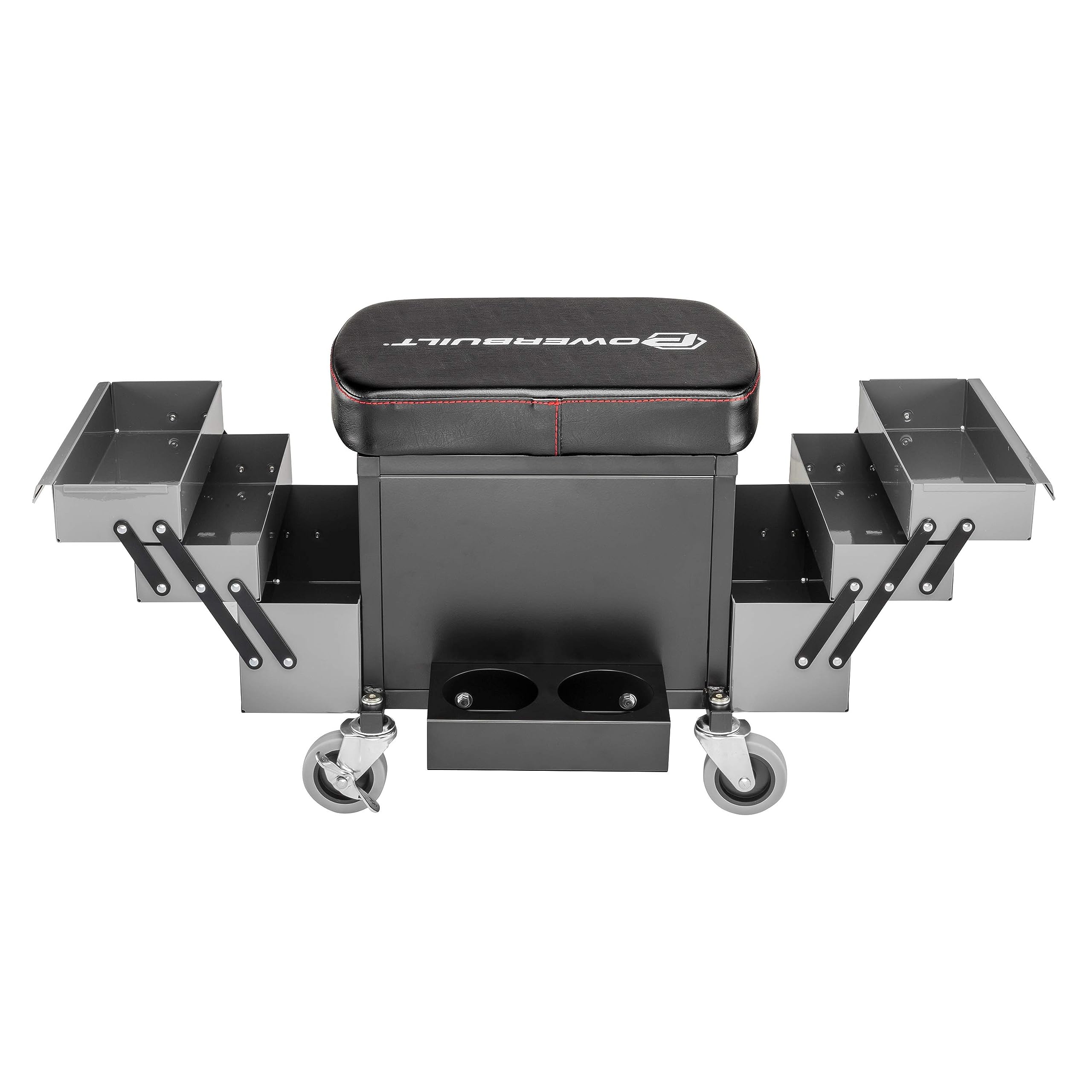 Powerbuilt Rolling Seat with Expandable Tool Trays - Heavy Duty Garage Stool with Tool Storage, Grey (941918ECE) - Perfect for Mechanics, DIY Enthusiasts & Workshop Use