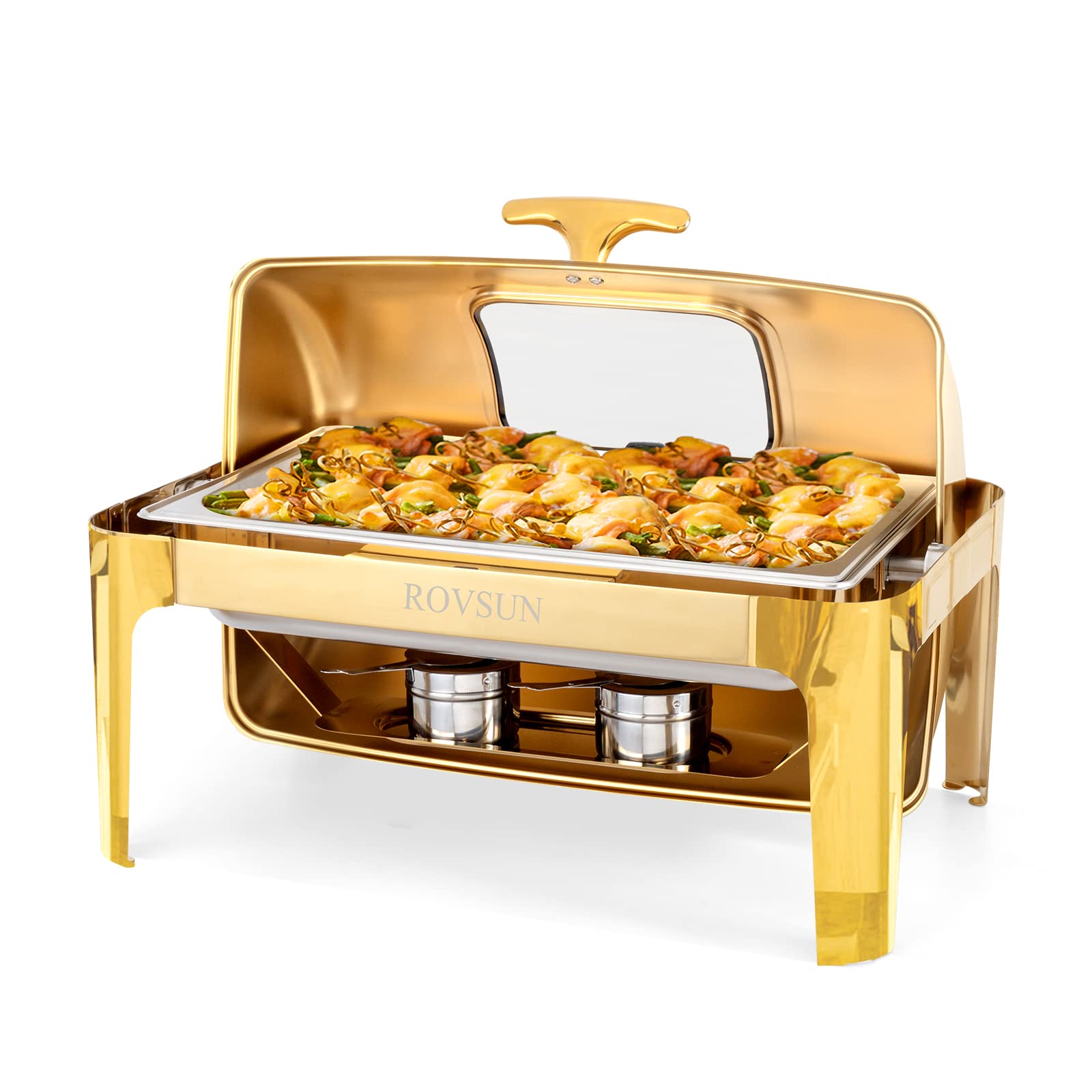ROVSUN 9QT Rectangular NSF Stainless Steel Roll Top Chafing Dish Buffet Set - Heavy Duty Catering Food Warmer with Thick Frame for Weddings, Parties, Banquets & Buffet Service - Gold Finish - Perfect for Keeping Food Warm at Events, Restaurants and Catering Businesses