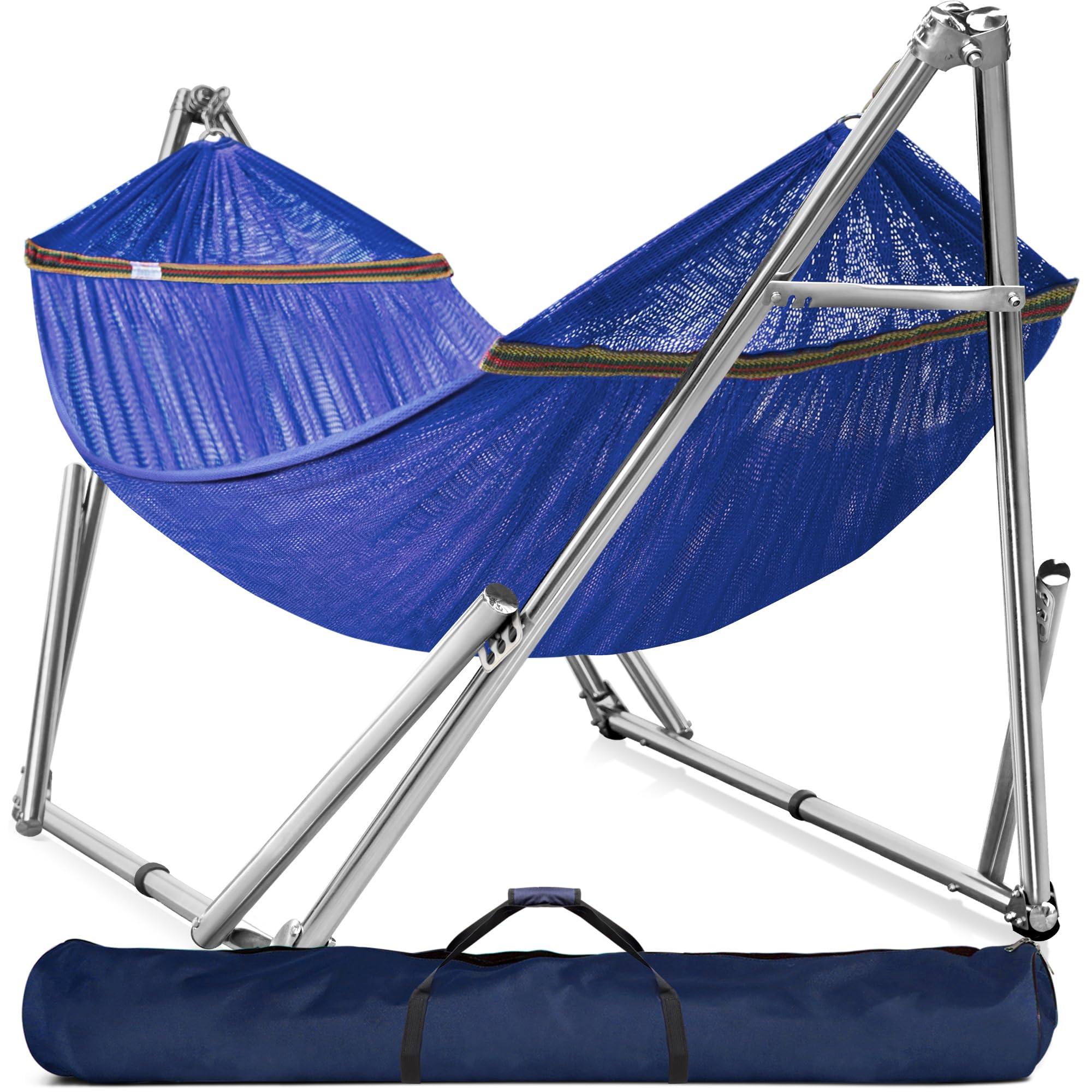 **Tranquillo Double Hammock with Stand - 650lb Capacity Heavy Duty Hammock Set with Spreader Bar, Solid 201 Stainless Steel Frame - 30s Quick Setup, Portable & Sturdy for Indoor & Outdoor Use - Perfect for Backyard, Camping, Beach & Patio Relaxation (Blue)**