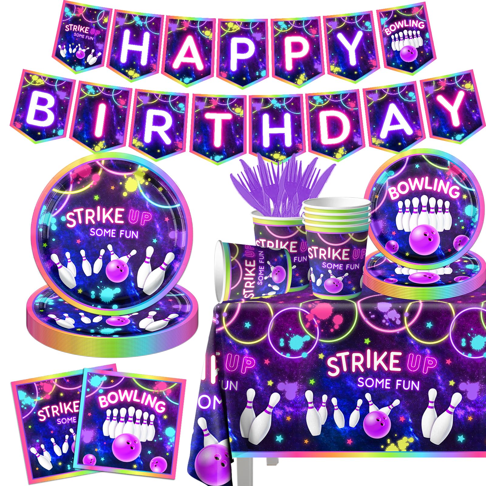 142Pcs Bowling Party Supplies Set - Disposable Plates, Tablecloth, Napkins, Cups & Utensils for Kids Birthday Decorations | Neon Rainbow Glow Theme | Perfect for Bowling Themed Parties, Baby Showers & Game Night Events