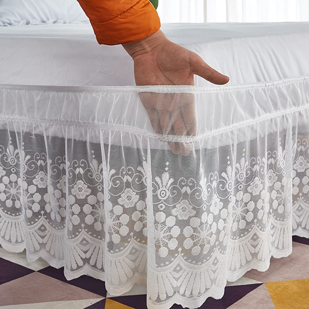 Elegant Tulle Lace Trimmed Elastic Pleated Bed Skirt with Ruffles - Dust & Wrinkle Resistant, Easy Fit Wrap Around Design for Twin/Full/Queen/King Size Beds | Perfect for Master Bedrooms, Guest Rooms & Hotel Decor